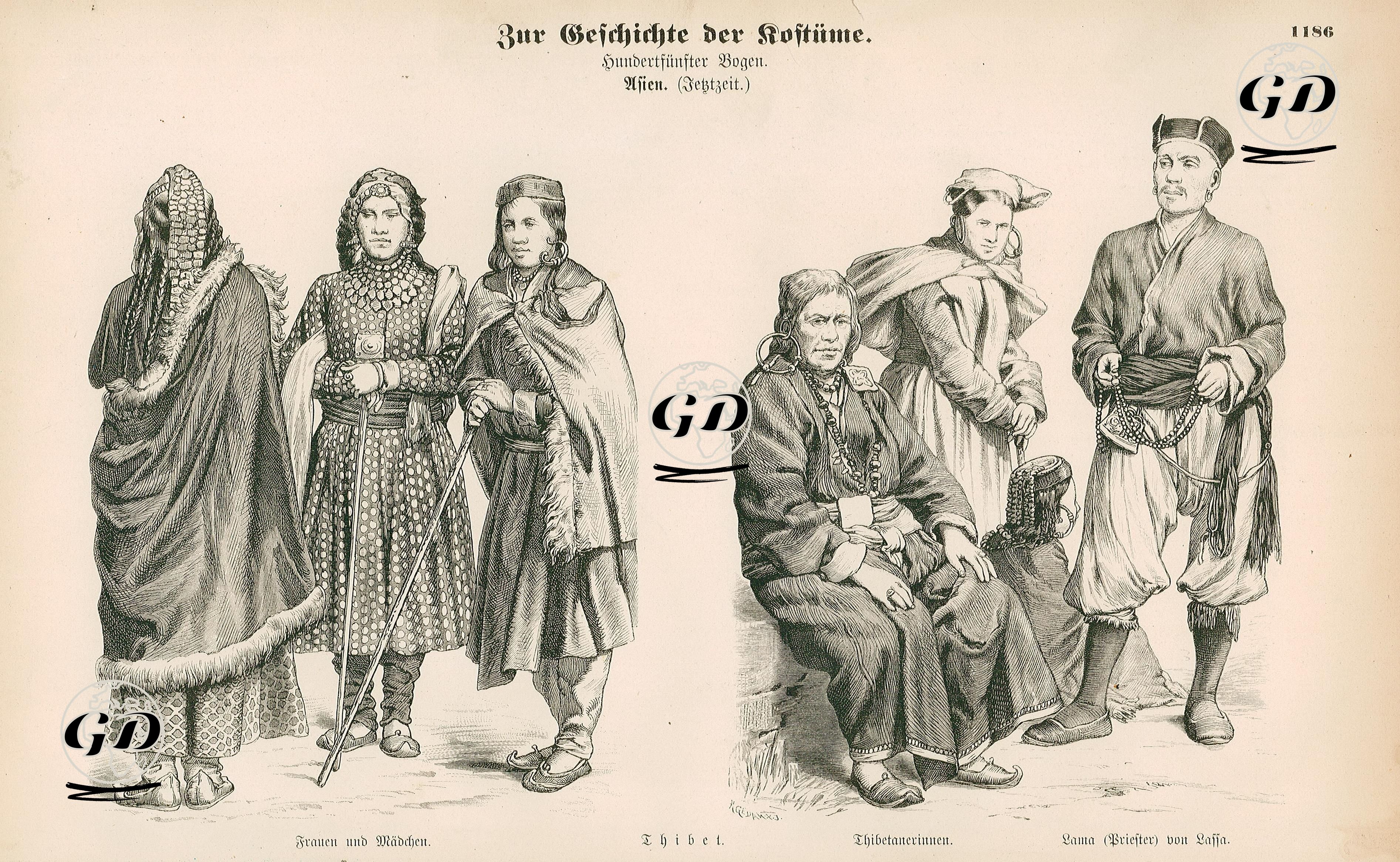 19.Yüzyılda Tibet- Tibetli Kadın ve Kız- Tibetli Kadın ve Lhasa'dan Budist Rahip -  - 1861-1890's