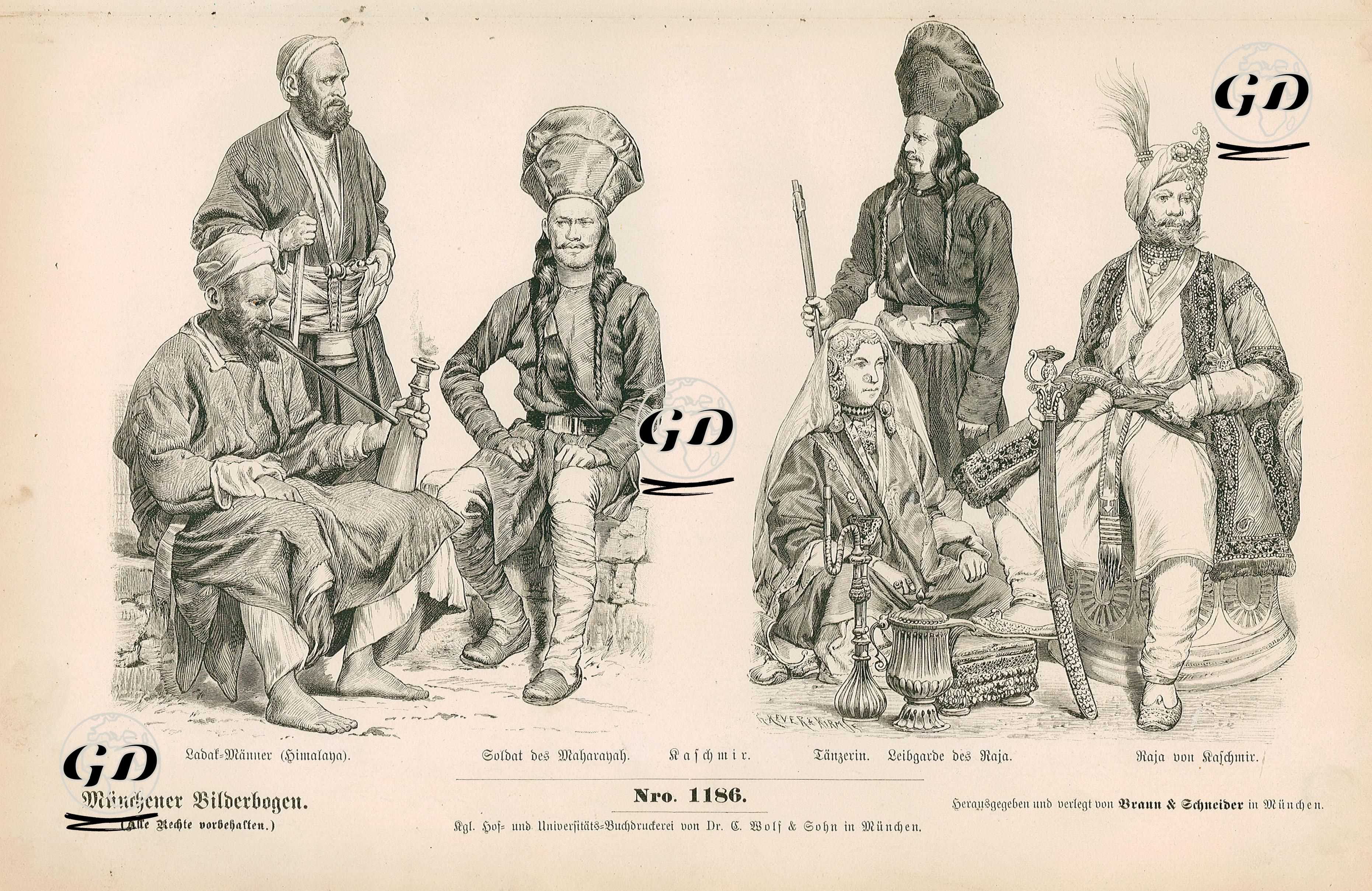 19.Century (XIX. Jahrhundert), Kashmir(India)- Men from Ladaskh in the Himalayas(Ladaf Manner, Himalaya) and Soldier of the Maharahah (Soldat Des Maharahah)- Dancing Girl(Tanzerin), Personal Guard of the Rajah(Leibgarde des Raja) and Rajah(Raja von Kaschmir) -  - 1861-1890's