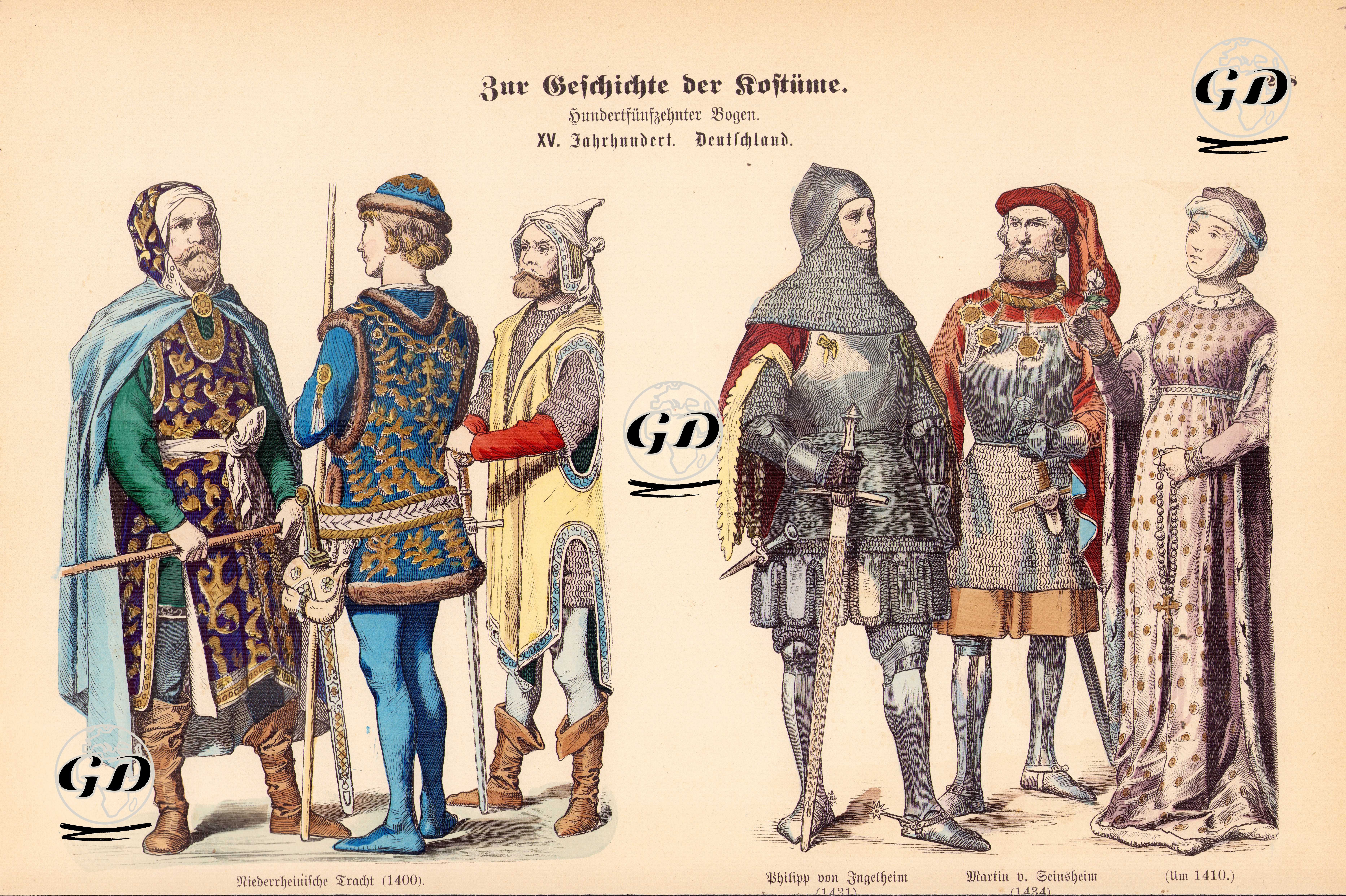 15. Yüzyılda Almanya-Aşağı Ren Bölgesinde Yaşayanların Kıyafetleri (1400)-İngelheim'li Philippe (1431), Seinsheim'li Martin 
(1434), 1410 Tarihlerindeki Alman Kadın Kıyafeti -  - 1861-1890's