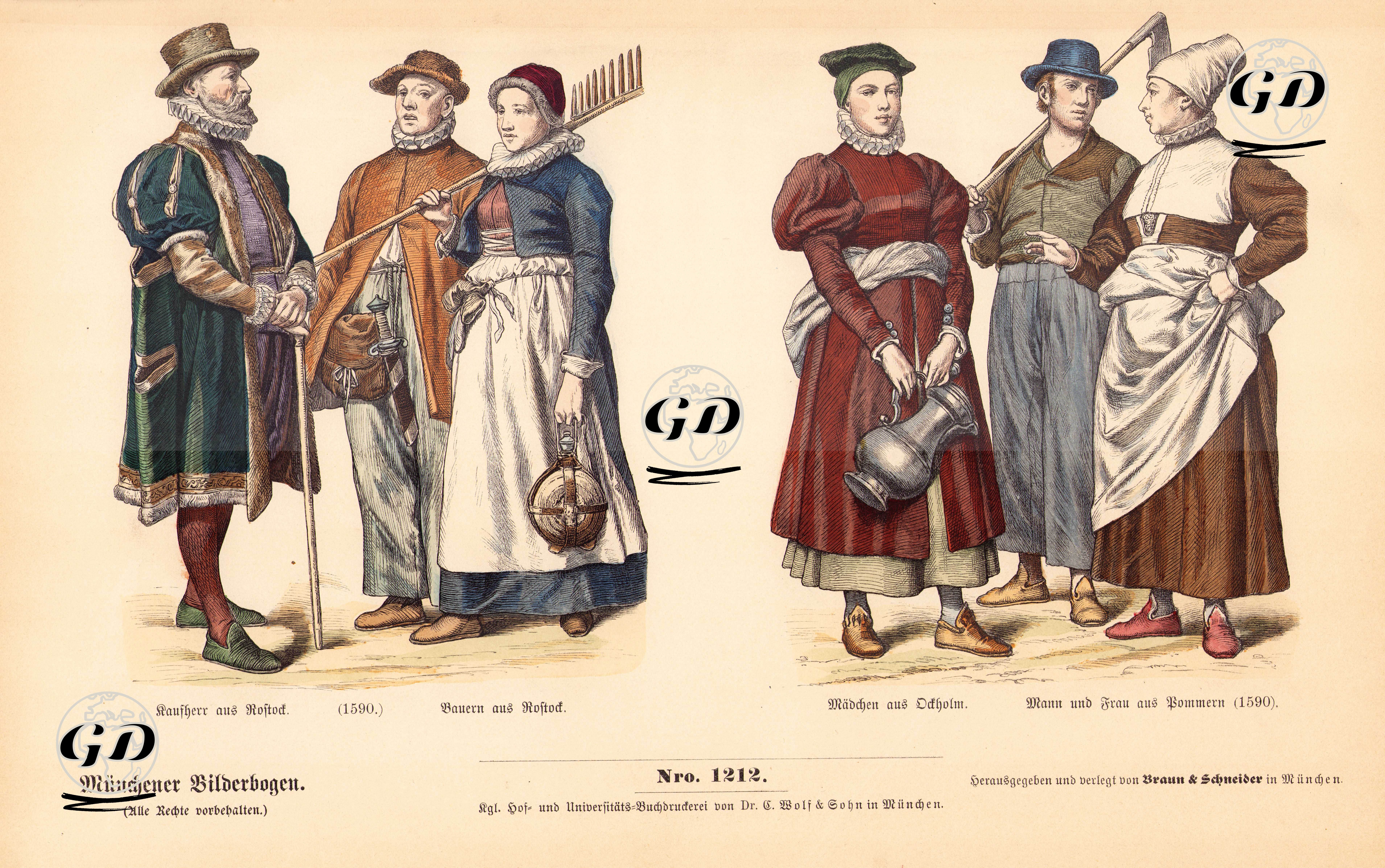 End Of 16.Century (Ende des XVIII. Jahrhunderts), Germany (Deutchland)-Merchant and Peasants From Rostock (1590)-Girl from Ockholm, Man and Woman from Pomerania (1590) -  - 1861-1890's