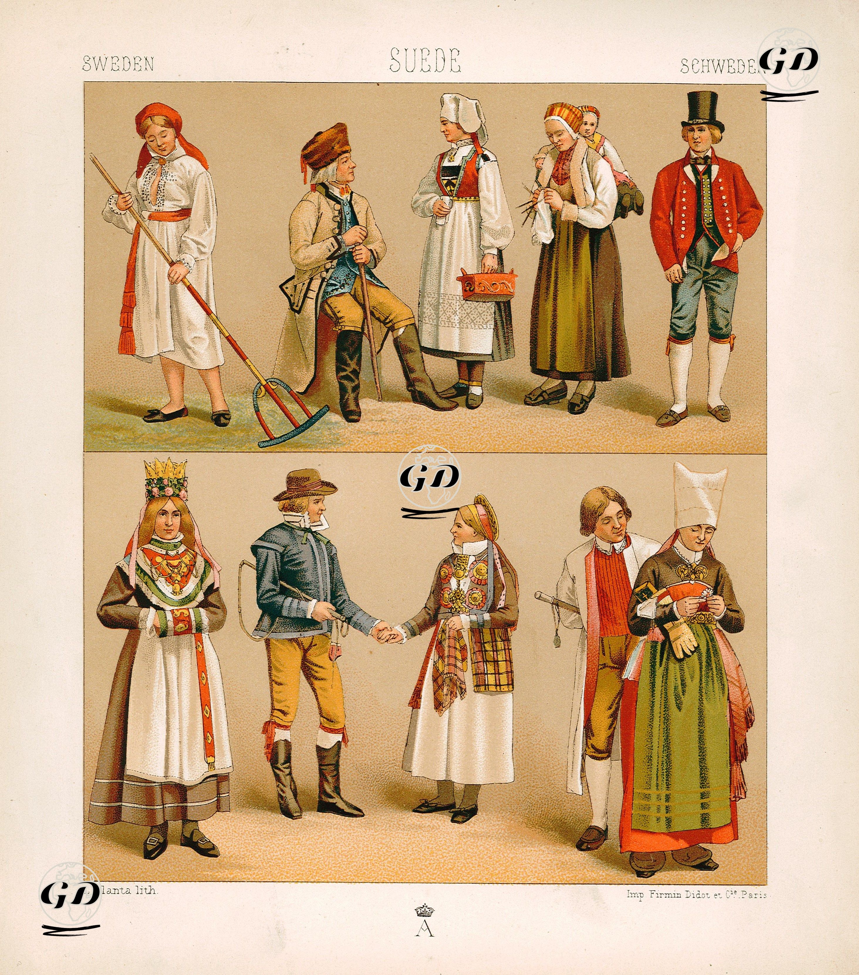 İsveçlilerin Geleneksel ve Ulusal Kostümleri - Albert Charles Auguste Racinet (1825-1893) - 1888