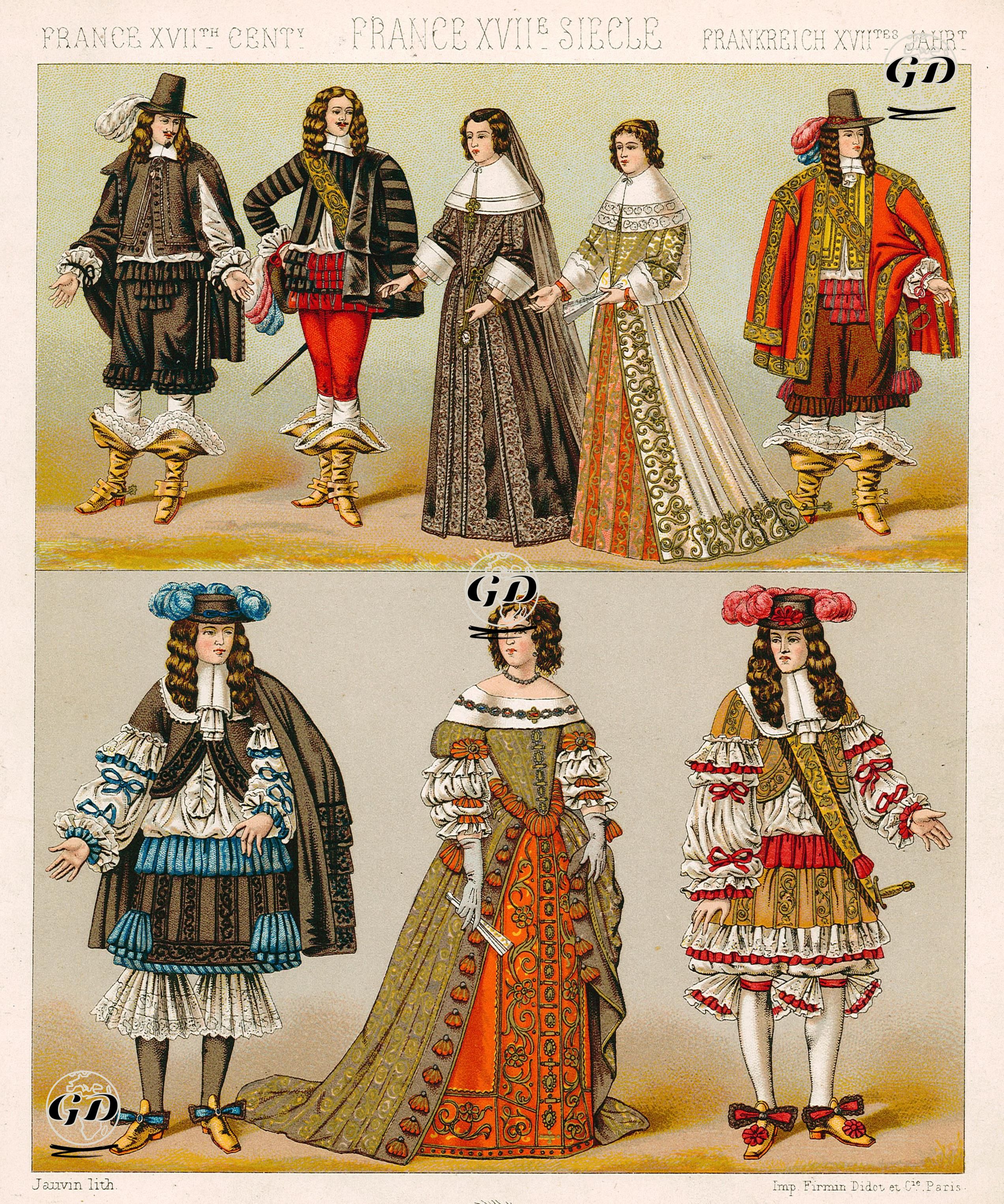 French Costumes (XVII.Century) - Albert Charles Auguste Racinet (1825-1893) - 1888