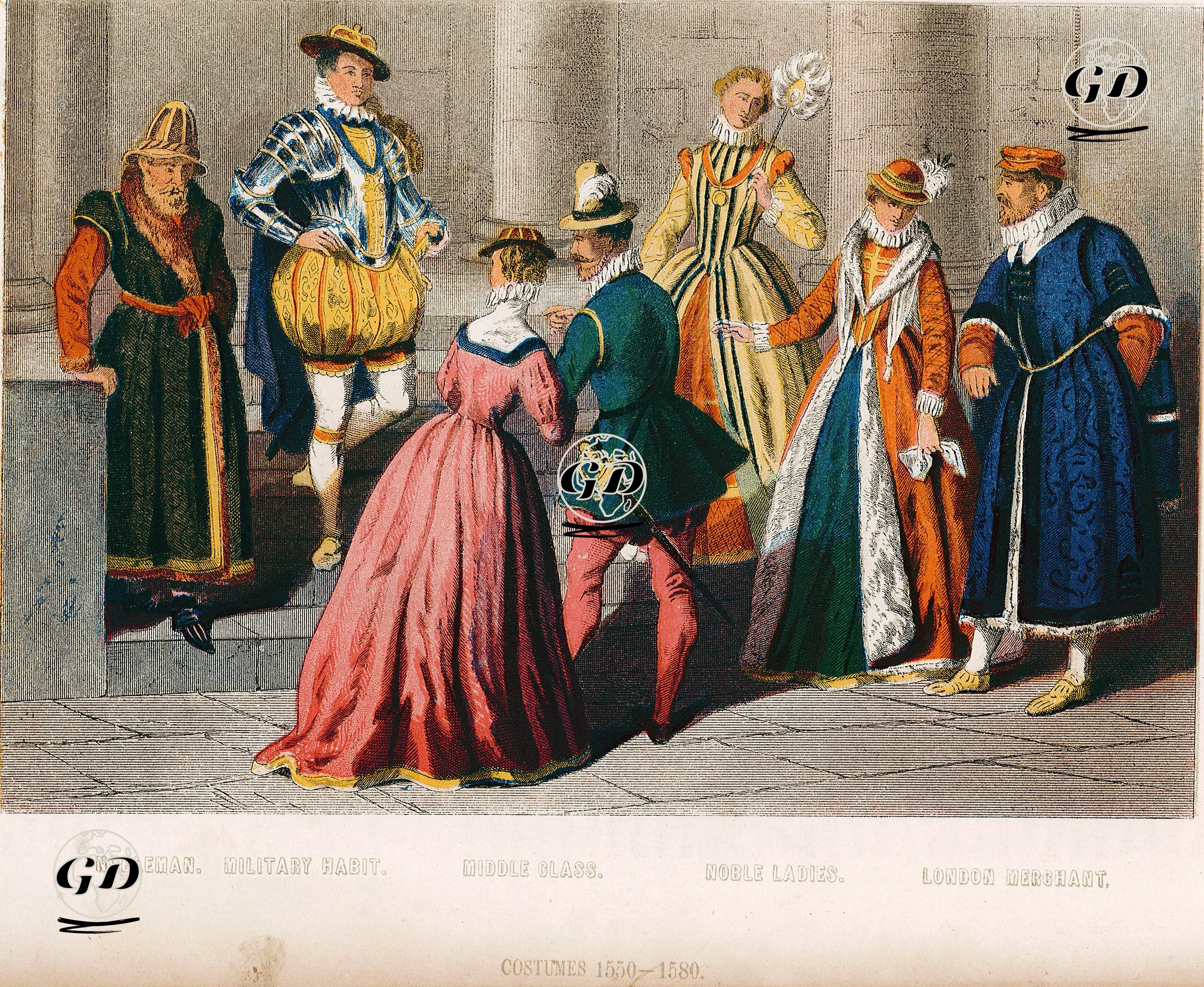 Costumes 1550-1580 (Nobleman, Military Habit, Middle Class, Noble Ladies and London Merchant) -  - 1878