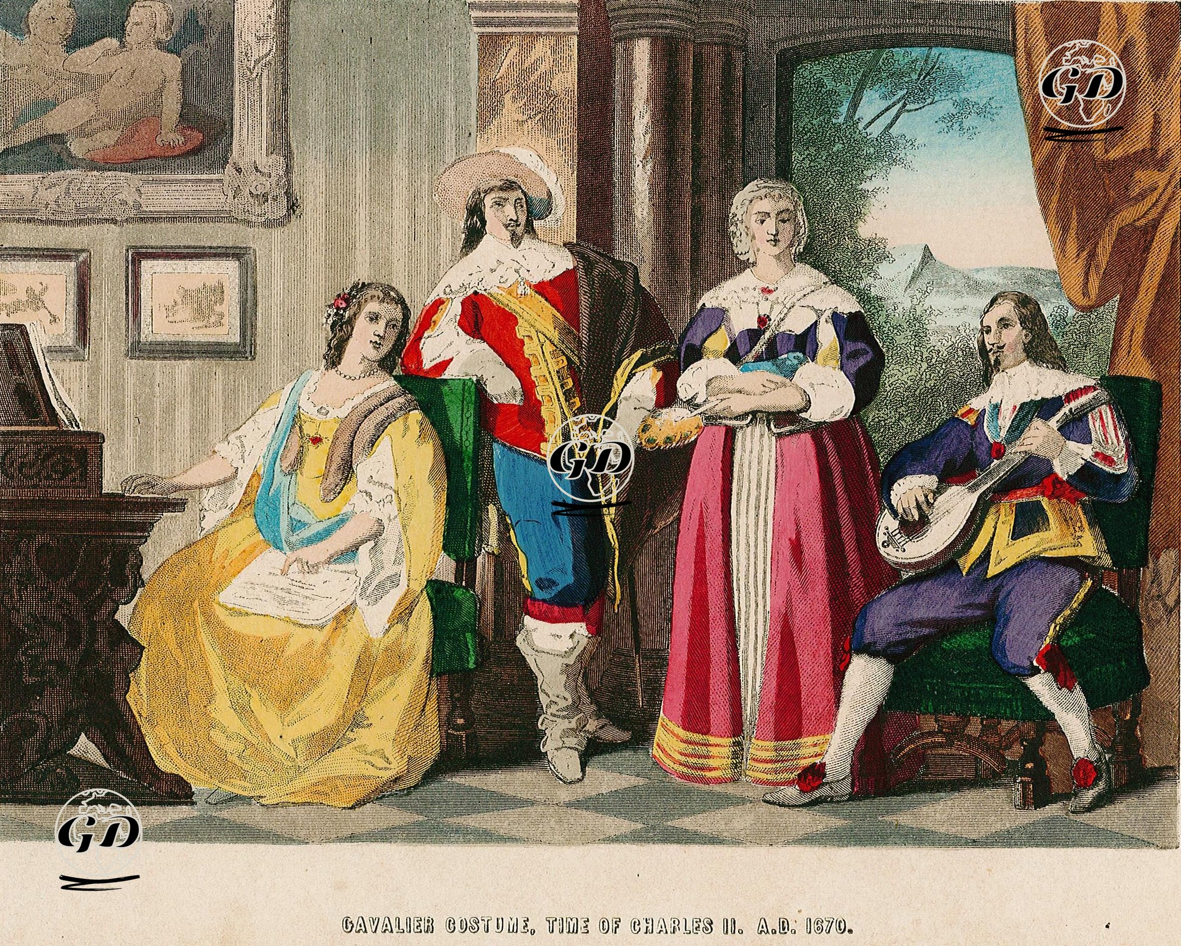 İngiltere Kralı II.Charles Döneminde 1670 Yılında Şövalye ve Kadın Kıyafeti -  - 1878