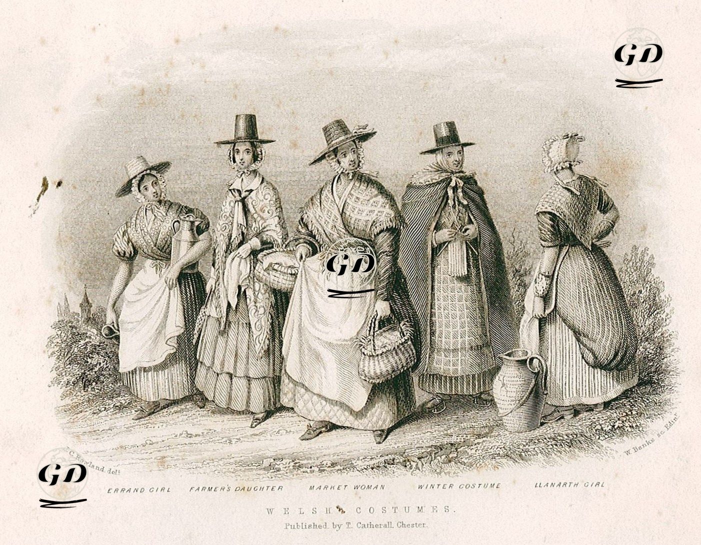 Gallerli Kadınların Kıyafetleri- Süt Dağıtan Kız, Çiftçinin Kızı, Pazarcı Kadın, Kış Kıyafeti ve  Llanarth'lı Kız - John Cambrian Rowland (1819-1890) - 1850's