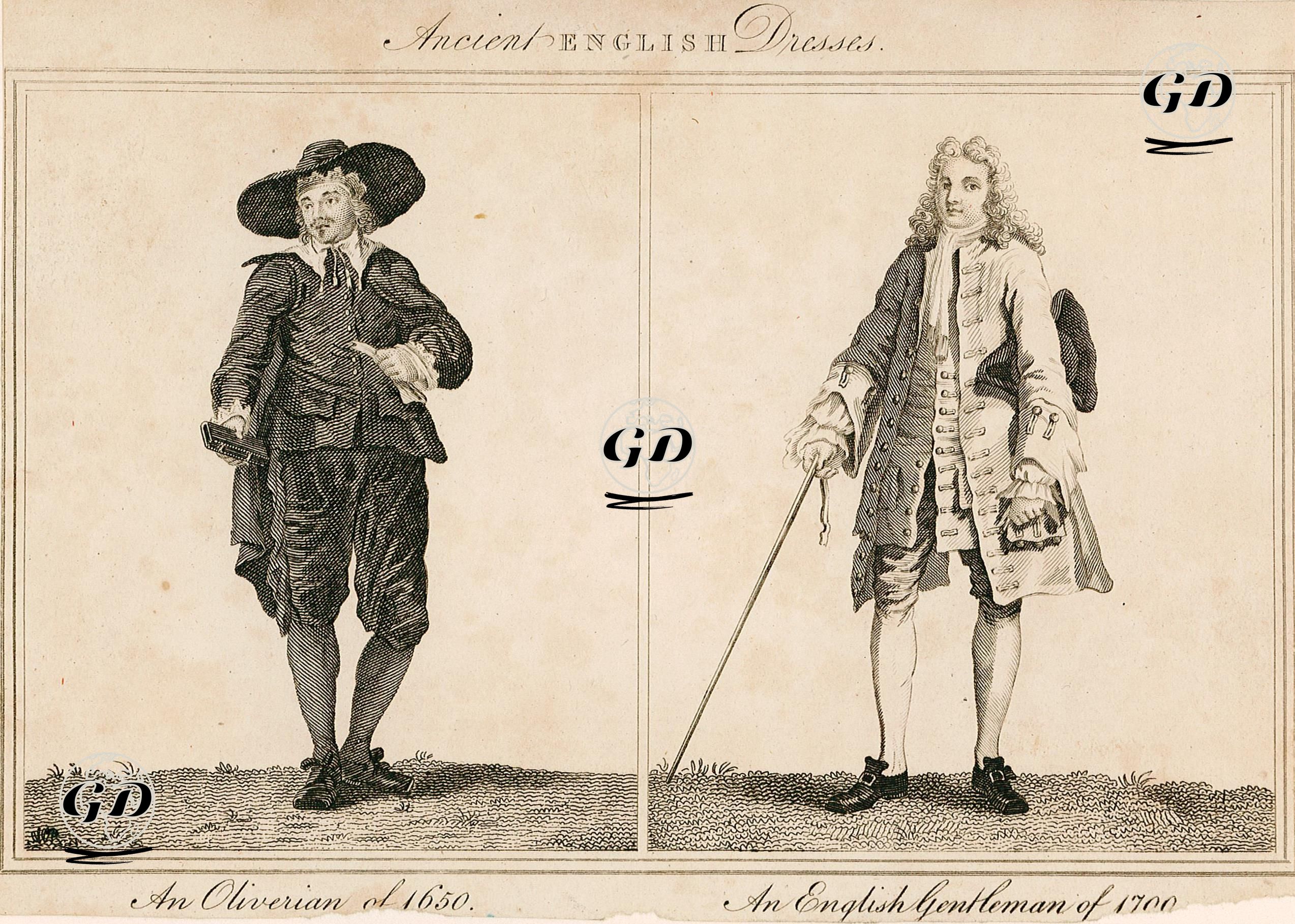 Ancient English Dresses- An Oliverian Of 1650 and An English Gentleman Of 1700 -  - 1807
