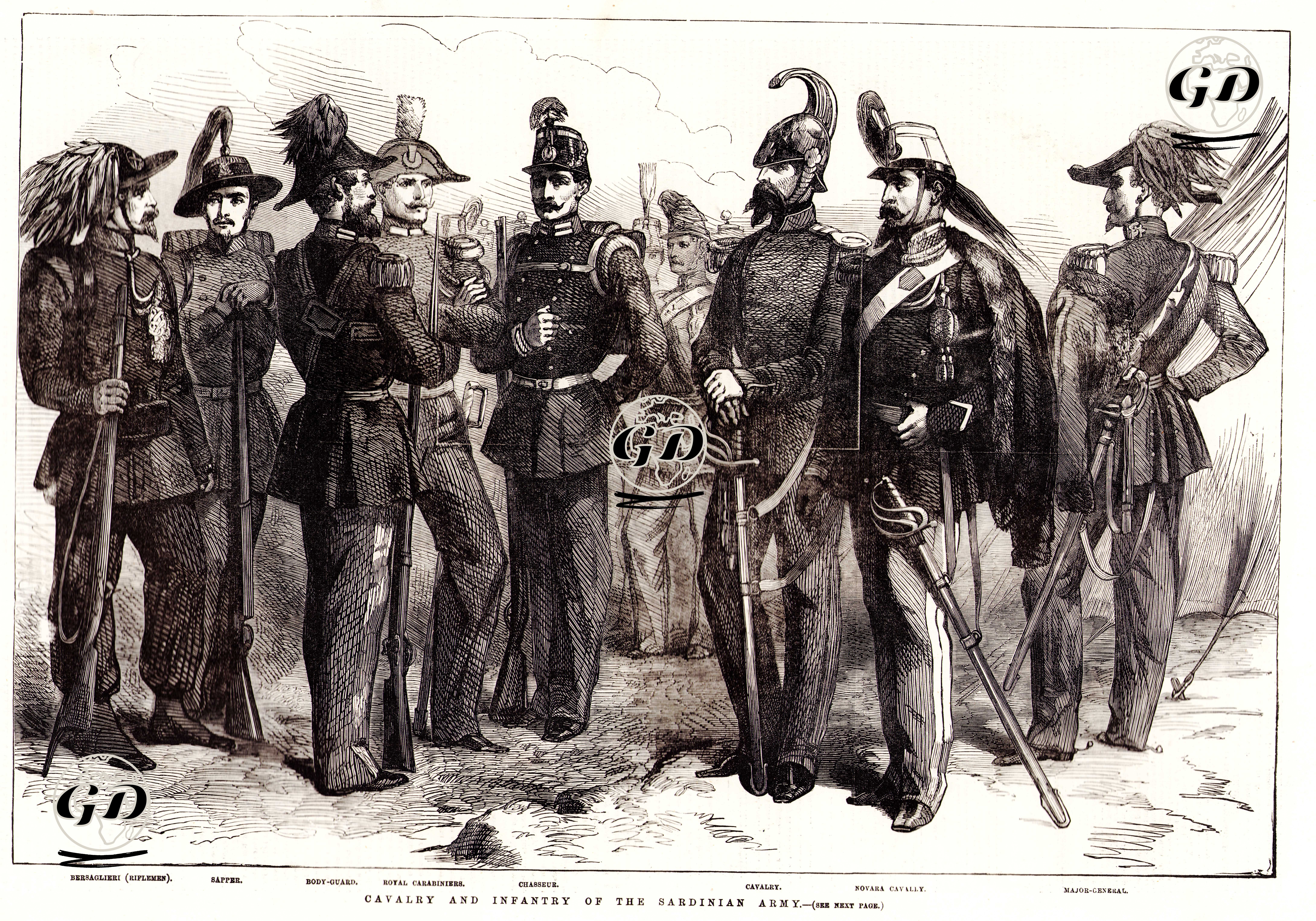 Sardunya Ordusunun Süvari ve Piyadeleri (Tüfekli Piyade, İstihkam Eri, Muhafız Eri, Kraliyet Carbine Askerleri, Hafif Piyade Eri, Süvari, Kraliyet Süvari Askeri, General) -  - 1855