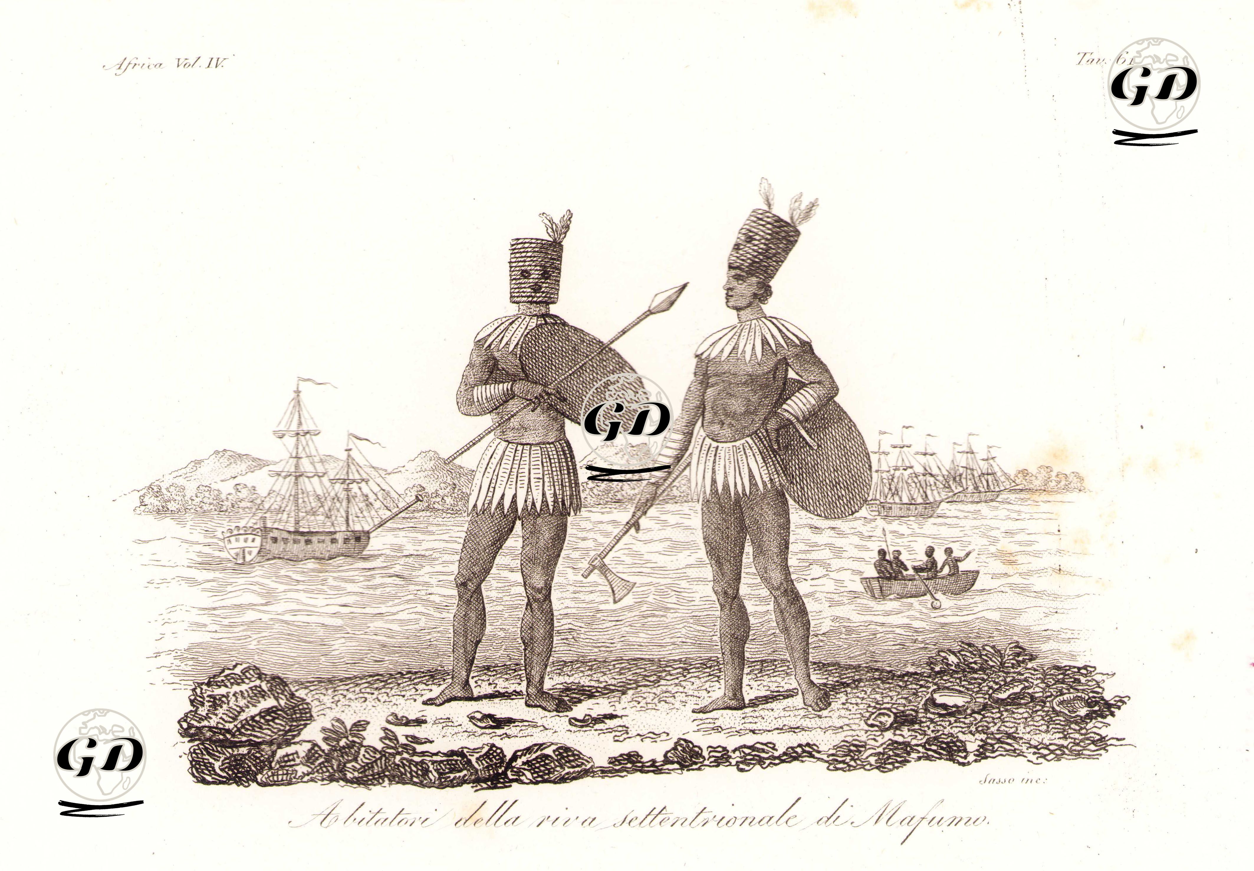 Abitatori Della Riva Settentrionale Di Mafumo, Africa Vol.IV. Tav.61. (Combat Dress of the Indians of the Delagoa (Mapoto) Bay in Mozambique) -  - 1820's-1840's