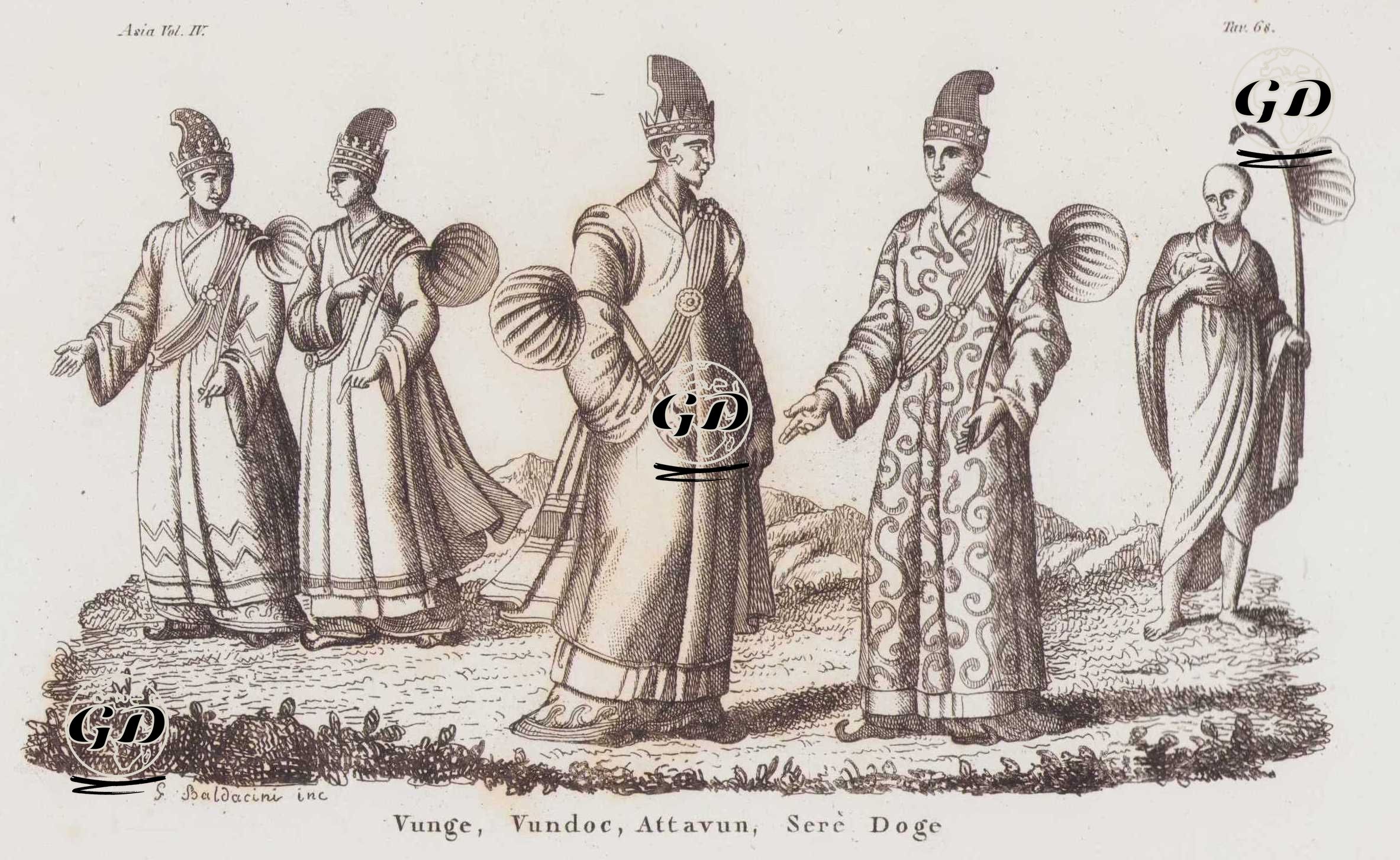 Vunge, Vundoc, Attavun, Sere Doge, Asia Vol. IV. Tav.68 (Burmese Court Officials-Ceremonial Dress Of President, Vice President, Counsellor and Priest in Myanmar (Burma) in The XVIII. Century) -  - 1820's-1840's