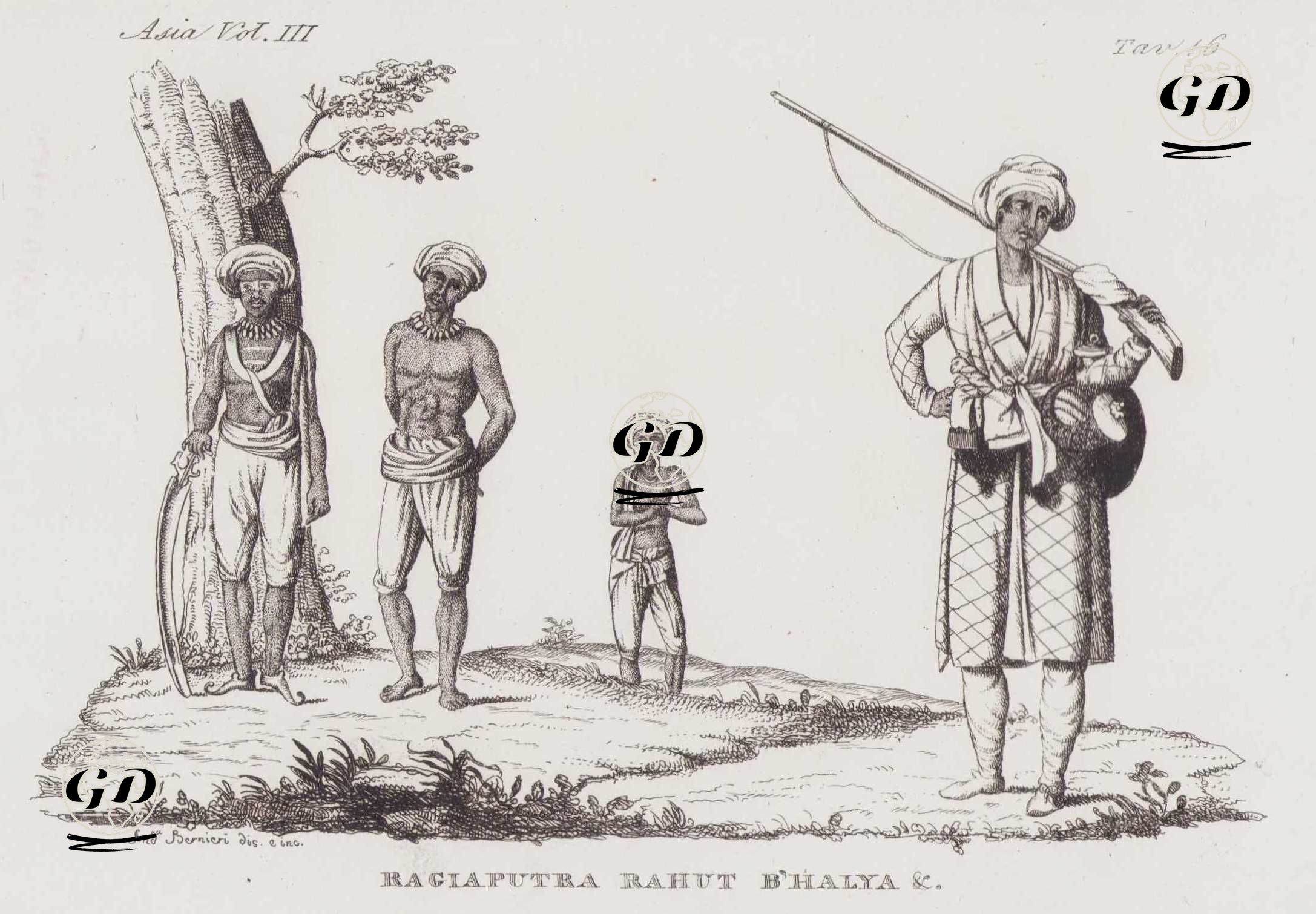 Ragiaputra Rahut B'Halyam &.,  Asia Vol. III Tav.16. (Brahmin Rajput Warriors, Rahut (Rawat) Mountain Warrior And Bahelia (B'Halya) Soldier in The XVIII. Century) -  - 1820's-1840's