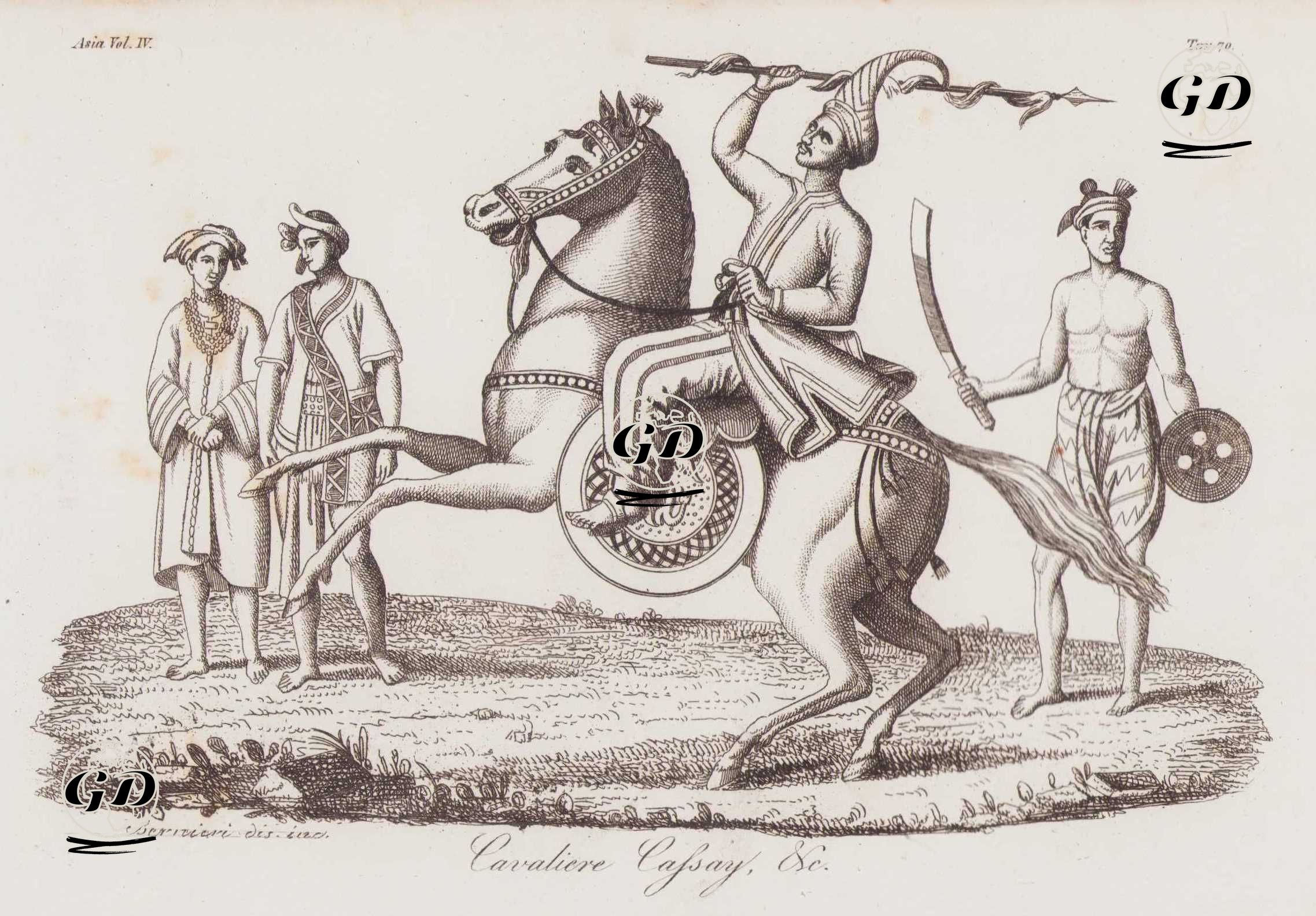 Cavaliere Cassay & C.., Asia Vol. IV Tav.70 (Cassay Cavalry, Burmese Peasant With Sword and Shield, People From Kayan Mountain Tribe in The XVIII. Century) -  - 1820's-1840's