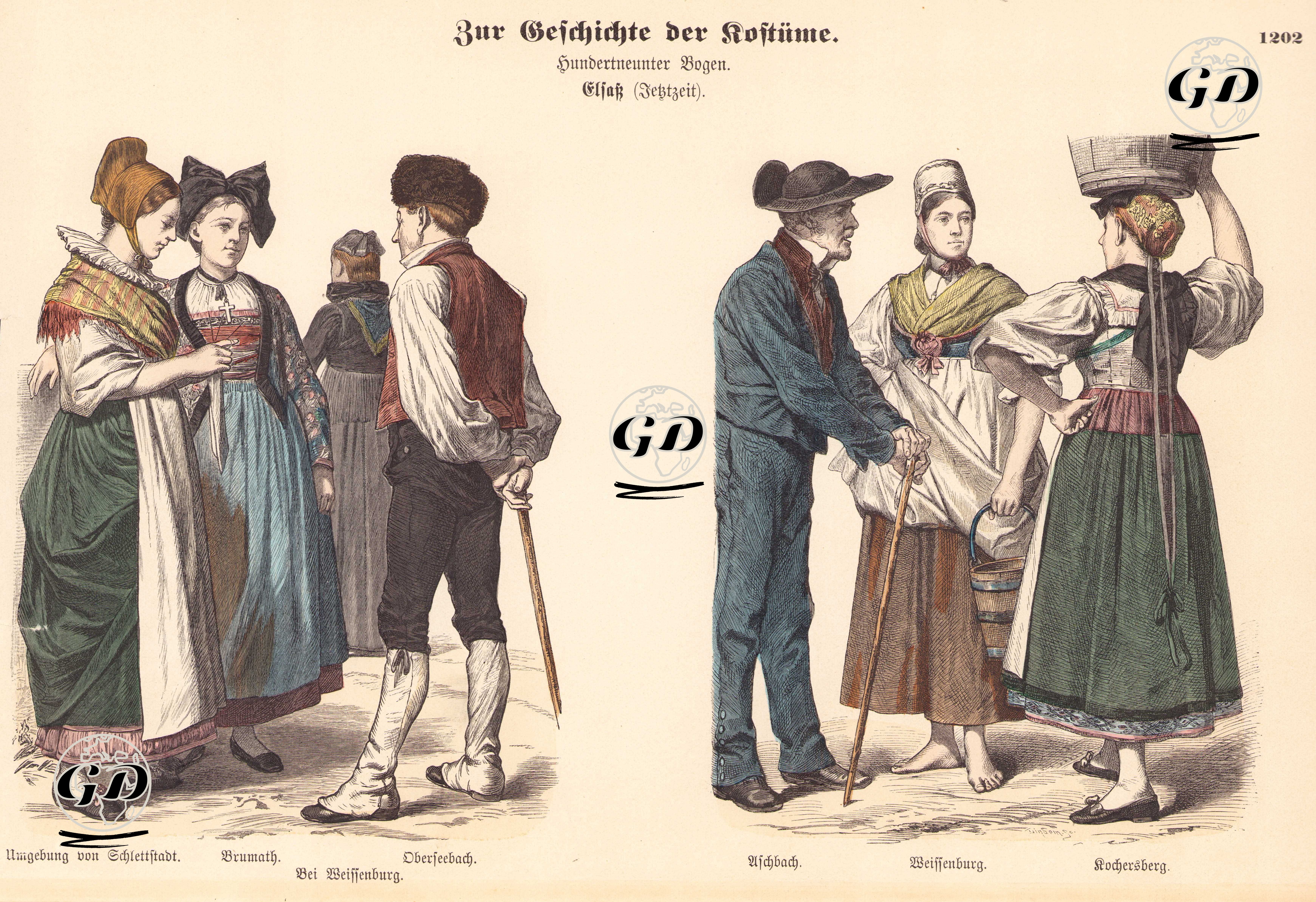 Alsace (Elsaß) (Late 19.Century), Alsatian (German) Folk Dress, Germany-Woman from the Outskirts of Schlettstadt (Umgebung von Schlettstadt), Woman From Brumath, Woman near from Wissembourg (Weißenburg) and Man from Seebach (Oberseebach)- Man From Aschbach, Woman from Weissenburg and from Kochersberg -  - 1861-1890's