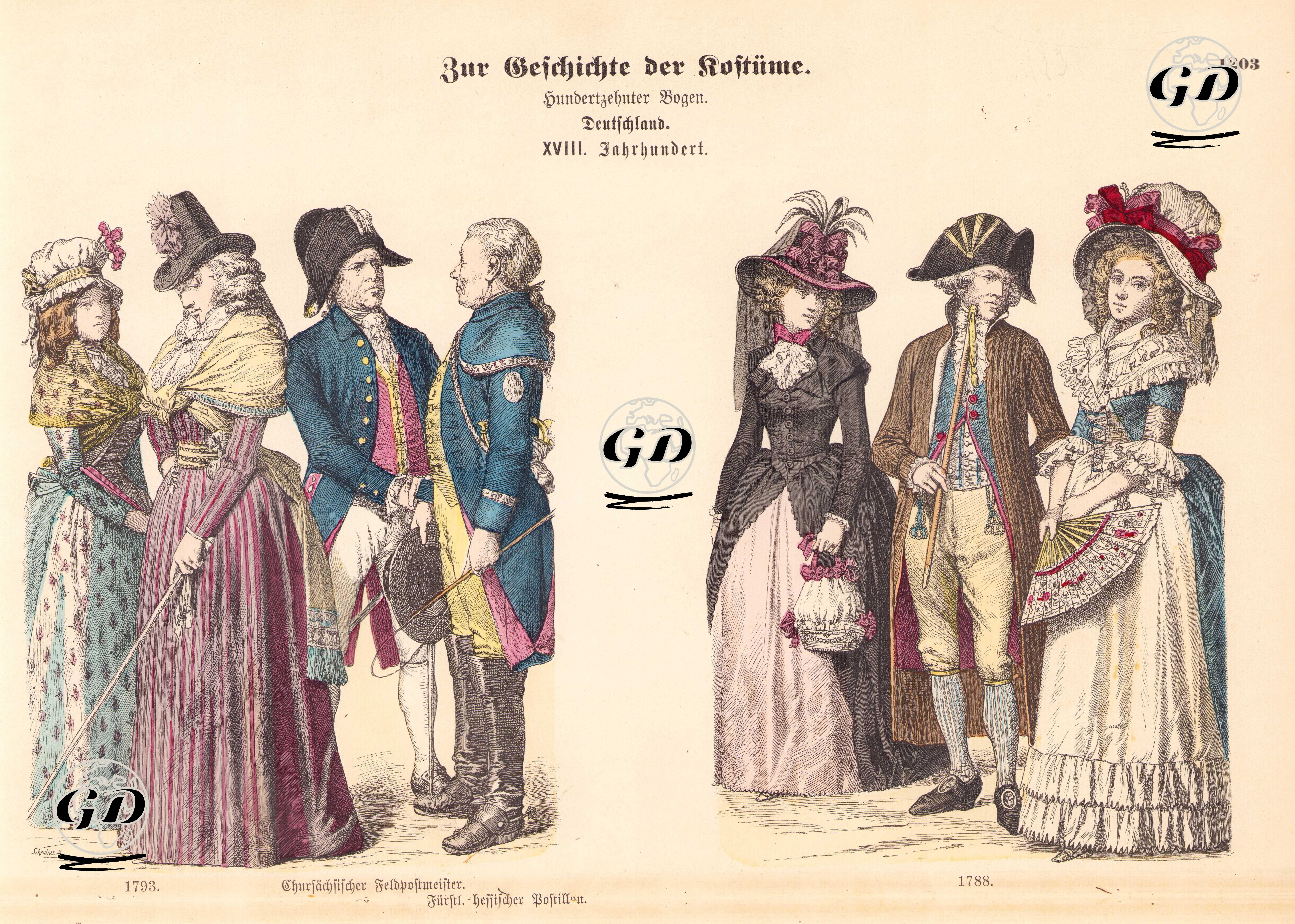 18.Yüzyılda Almanların Kıyafetleri-1793 Yılından İki Alman Kadının Kıyafetleri, Saxon Ordusu Postahane Yöneticisi, Hessian Süvari Subayı-1788 Yılında Alman Erkek ve Kadınların Kıyafetleri -  - 1861-1890's