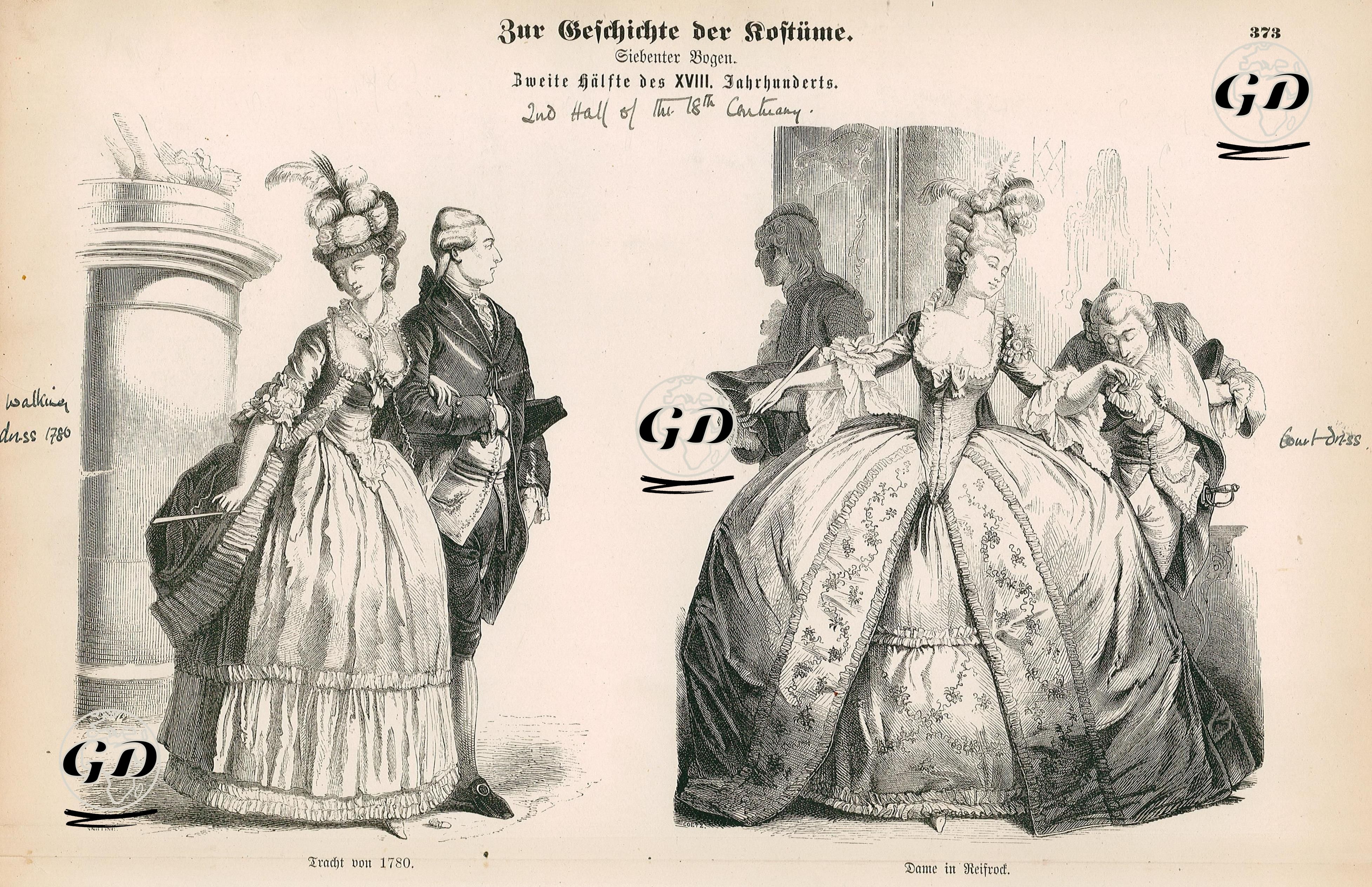 18.Yüzyılın İkinci Yarısı (1750-1799)- 1780'lerde Kadın Ve Erkek Yürüyüş (Dışarı) Kıyafeti-Saray Kıyafetleri (Çemberli Kabarık Etekli Kadın) -  - 1861-1890's