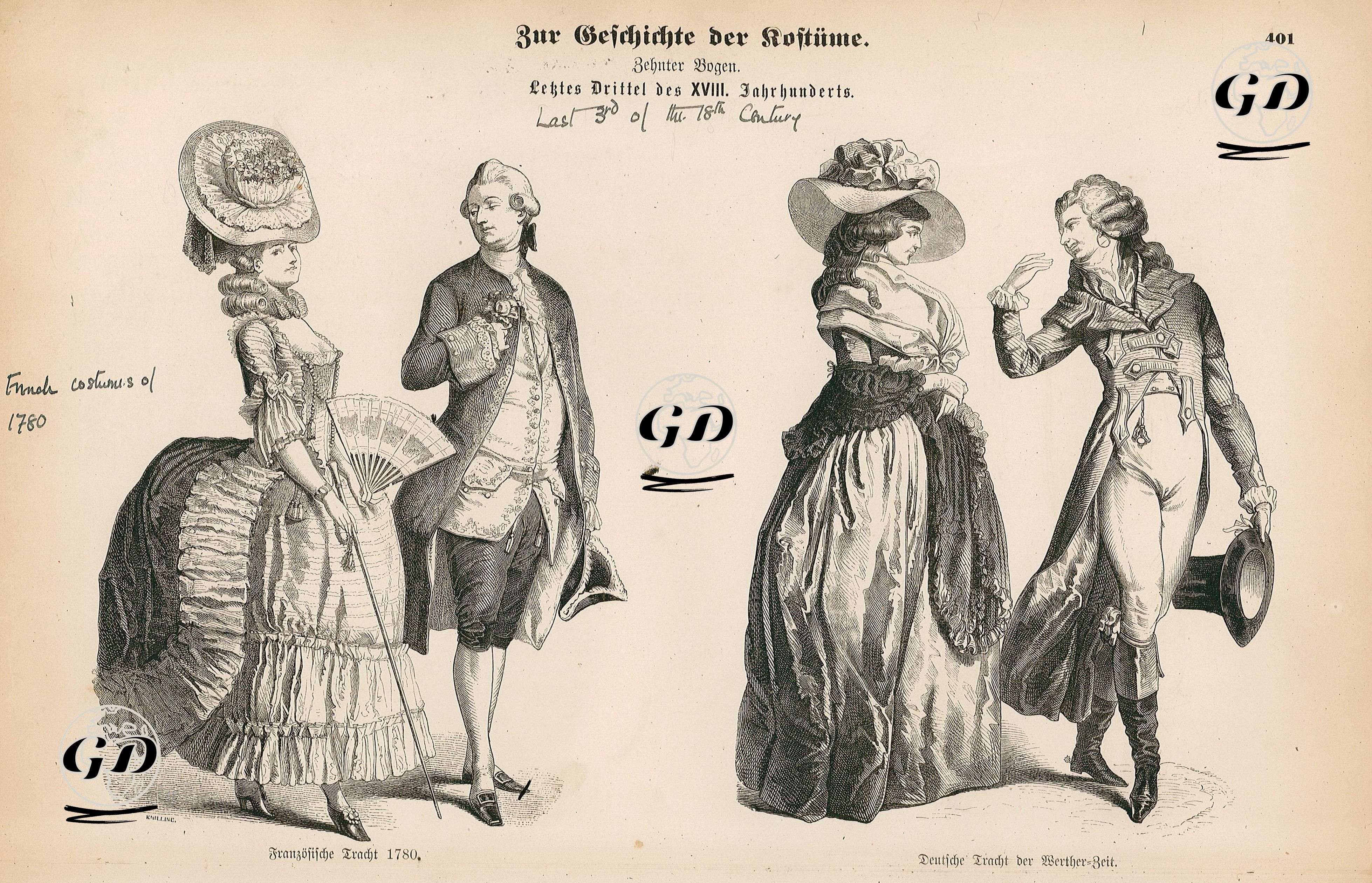 Last Third of the Eighteenth Century (1767-1799) (Letztes Drittel des XVIII. Jahrhunderts)- French Costumes Of 1780 (Franzisusche Tracht 1780)- Germany Costumes At The Time Of Werther (Deutsche Travht der Werther Zeit)   -  - 1861-1890's