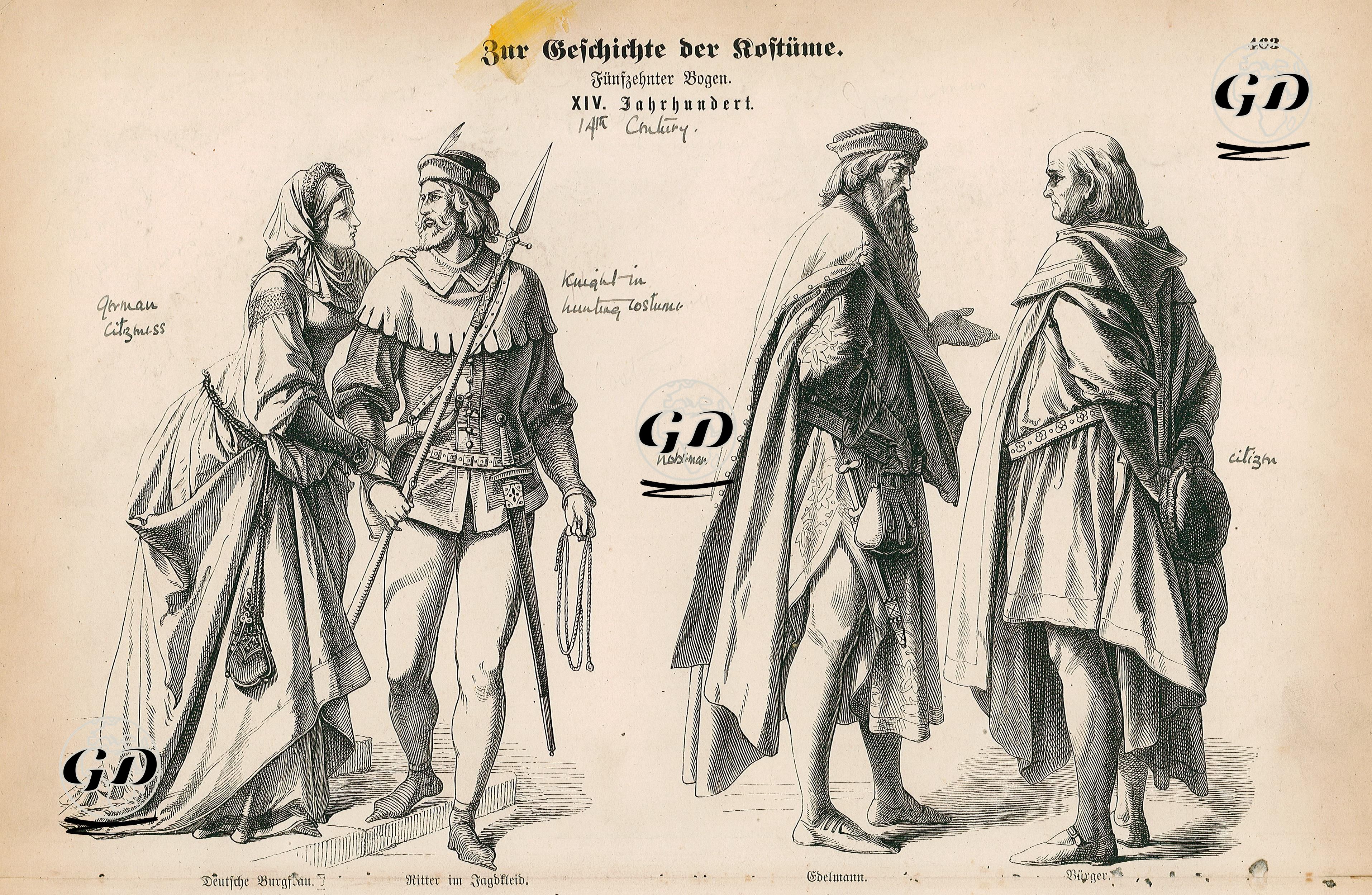 Fourteenth Century (XIV Jahrhundert)- German Chatelaine (Deutsche Burgfrauen), Knight in Hunting Dress (Ritter in Jagdkleid)- Nobleman (Edelman), Townsman (Burger) -  - 1861-1890's