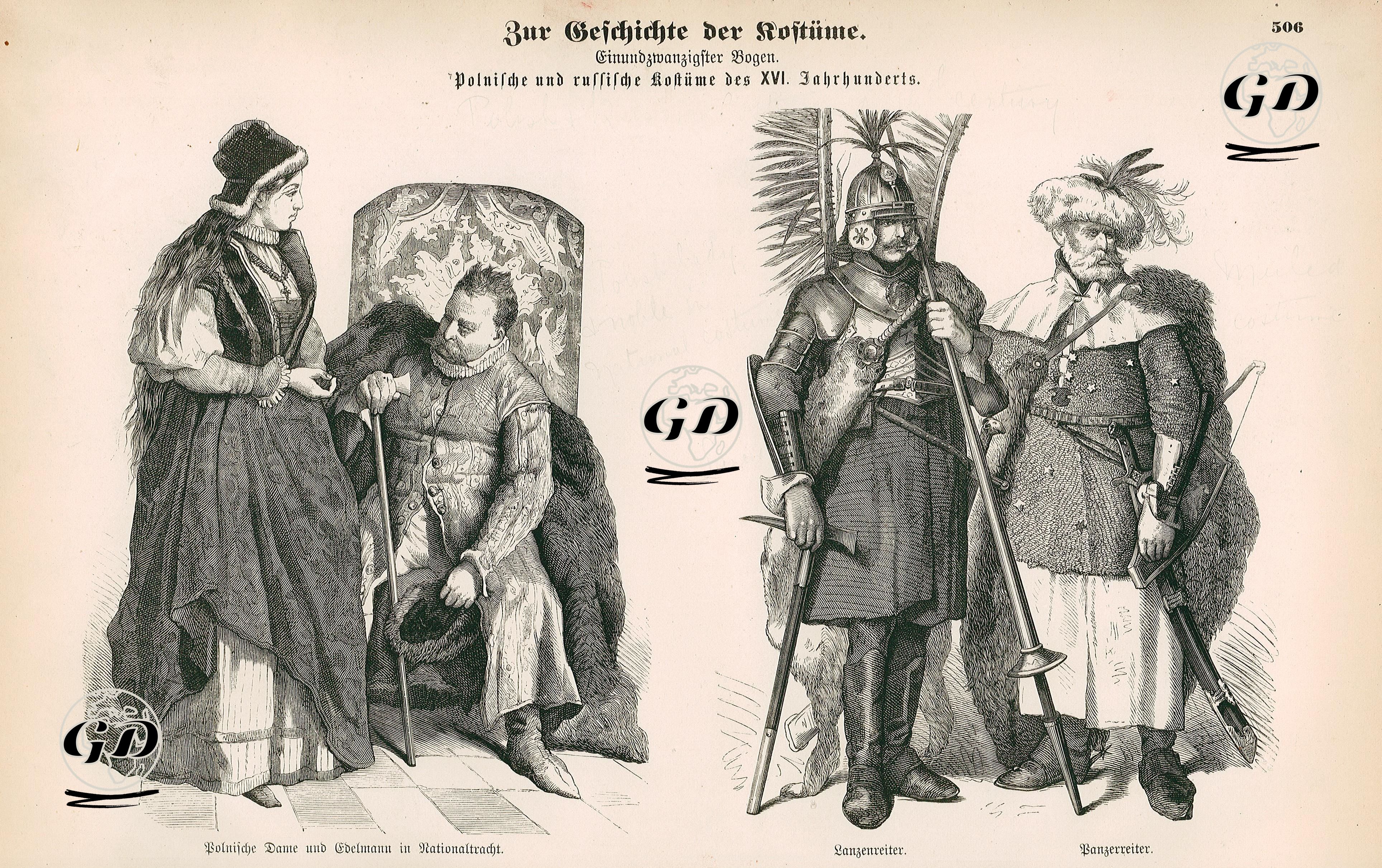 Sixteenth Century (XVI Jahrhunderts)- Poland and Russia (Polnische und Russische)- Polish Lady and Nobleman in National Dress (Polnische Dame und Edelmann in Nationaltracht)- Soldier(Lancer) (Lanzenreiter) and Cavalryman (Panzerreiter) -  - 1861-1890's