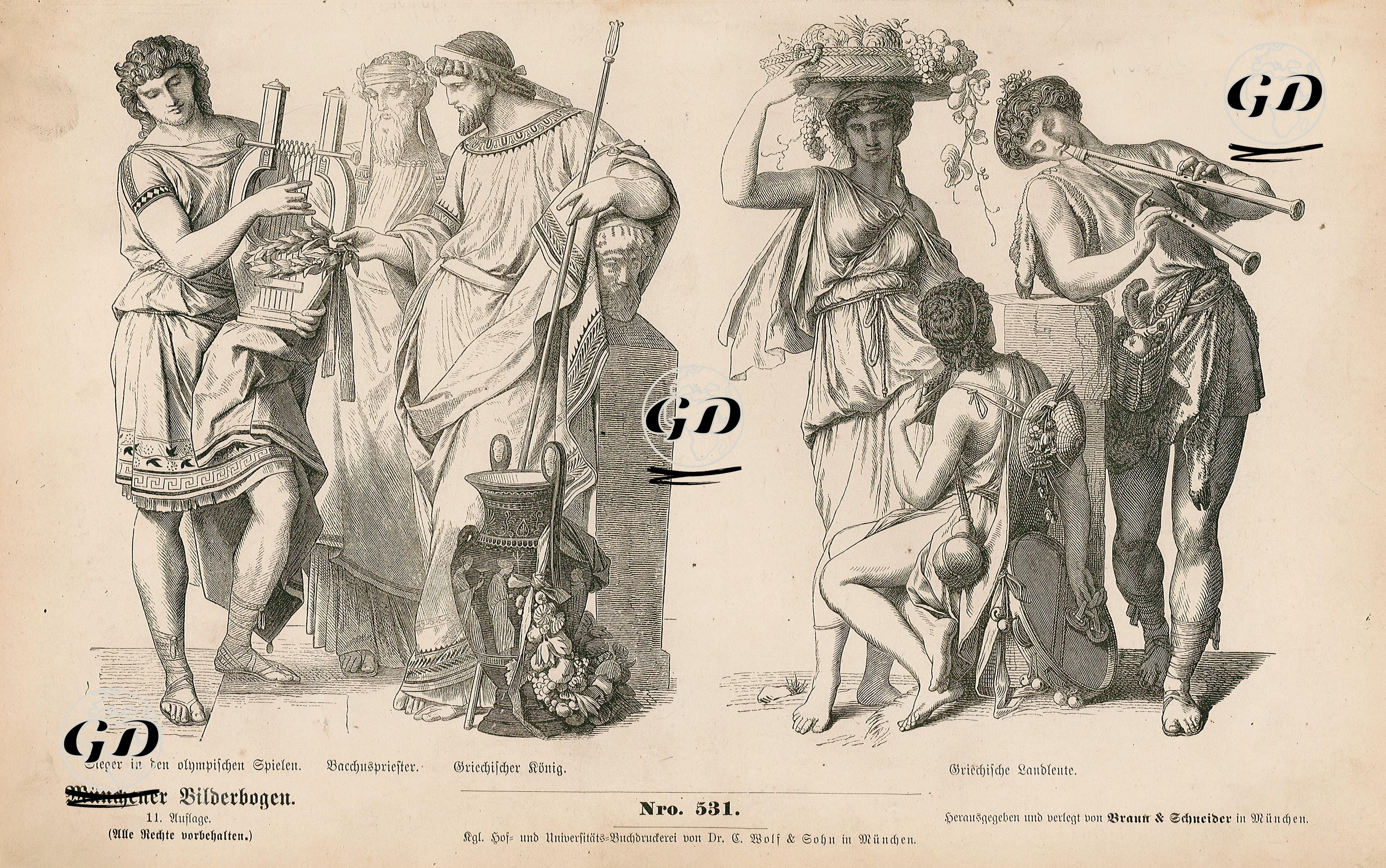 Antik Yunan- Olimpiyat Oyunlarını Kazanan Sporcu, Baküs Rahibi Ve Yunan Kralı- Yunan Halkı Kostümleri -  - 1861-1890's
