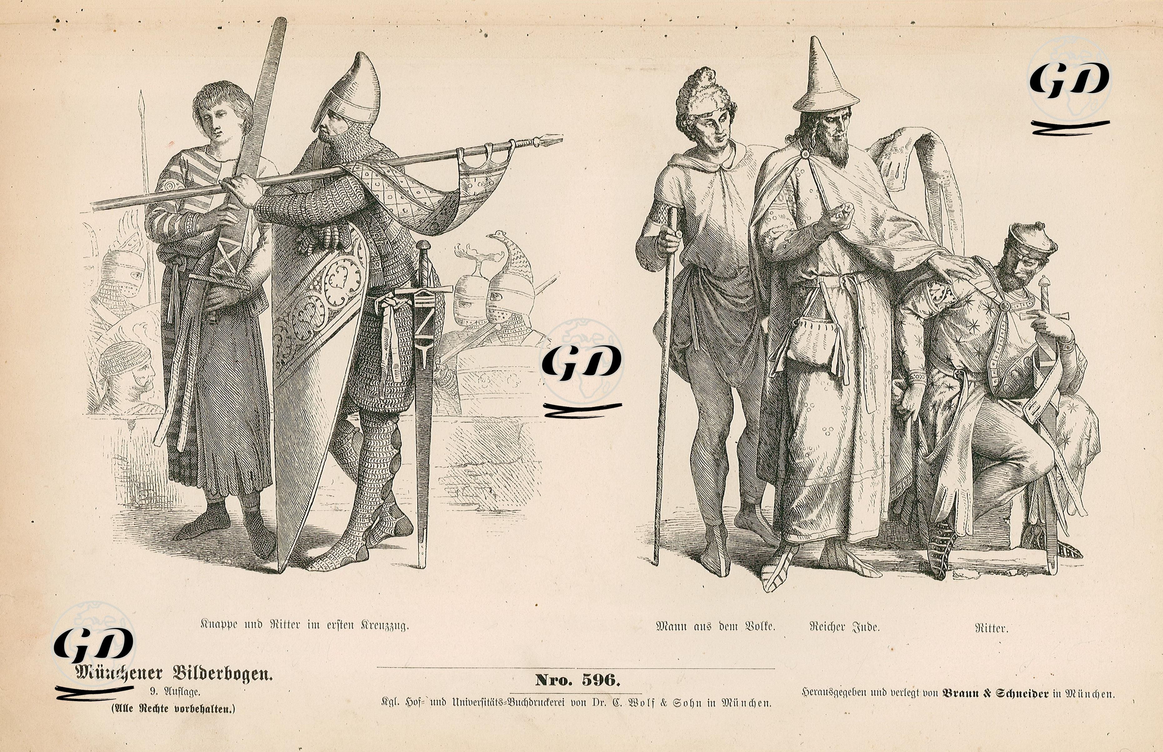 Twelfth Century (XII. Jahrhundert)- Squire and Knight, First Crusade (Knappe und Ritter im Ersten Kreuzzug)- Commoner (Mann aus dem Volke), Rich Jew ( Reicher Jude), Knight (Ritter) -  - 1861-1890's