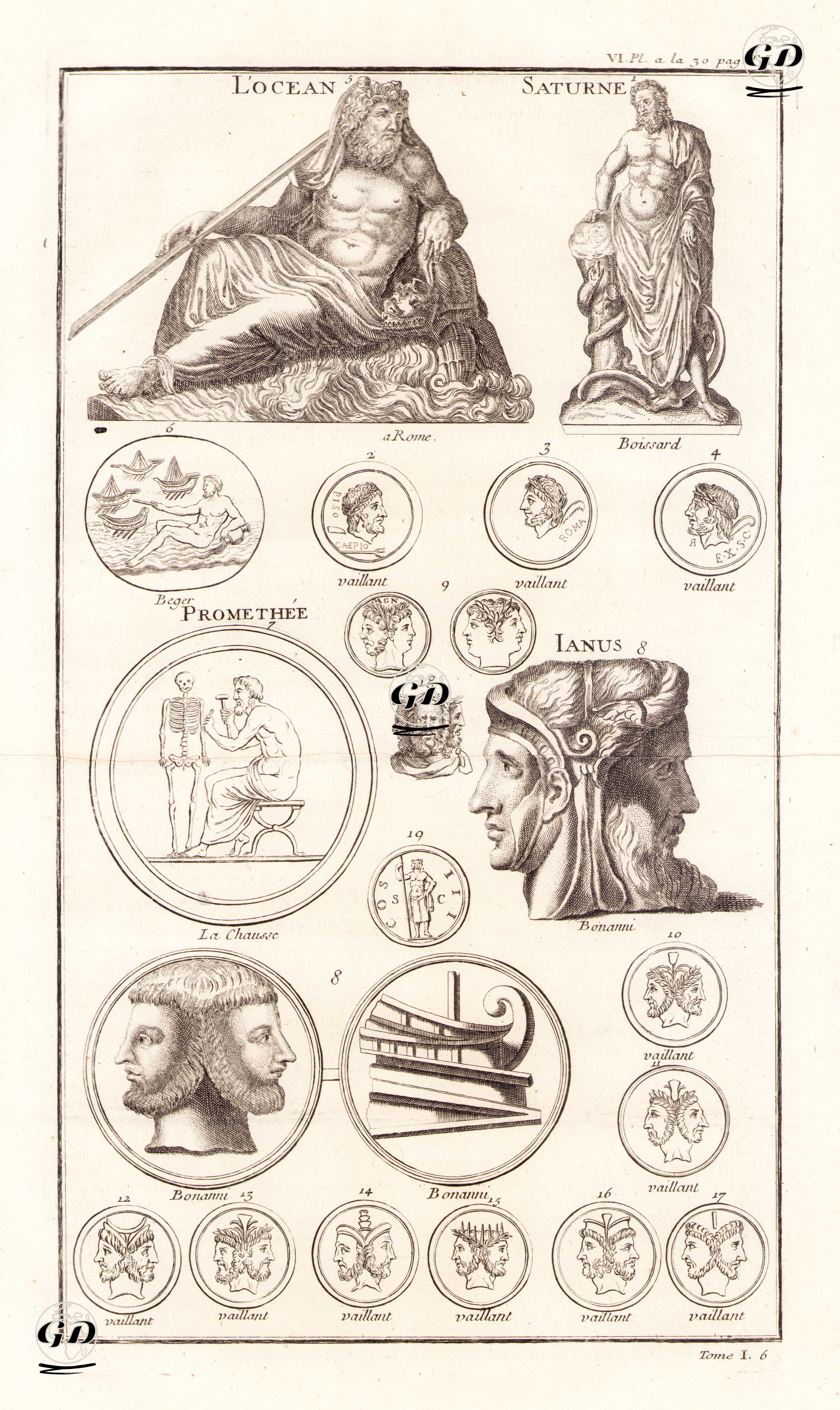 Nehir Tanrıs Okeanos, Altınçağ Tanrısı Satürn, Prometheus, İki Yüzlü Roma Tanrısı Janus -  - 1719