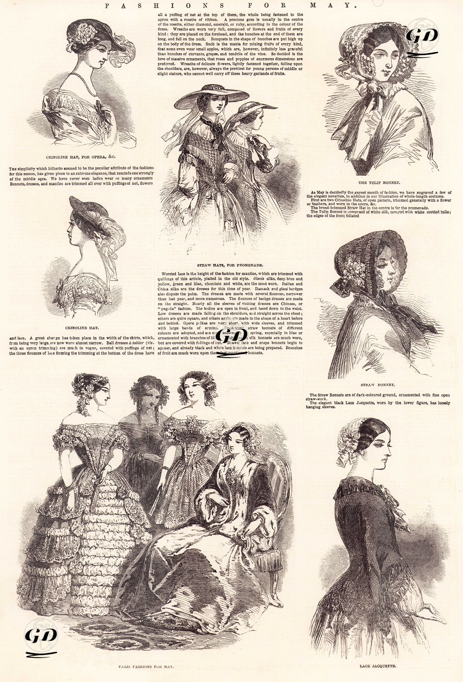 Paris Fashions For May (1850), Cironoline Hat For Opera, Straw Hats For Promenade, The Tullip Bonnet, Straw Bonnet, Lace Jacquette -  - 1850