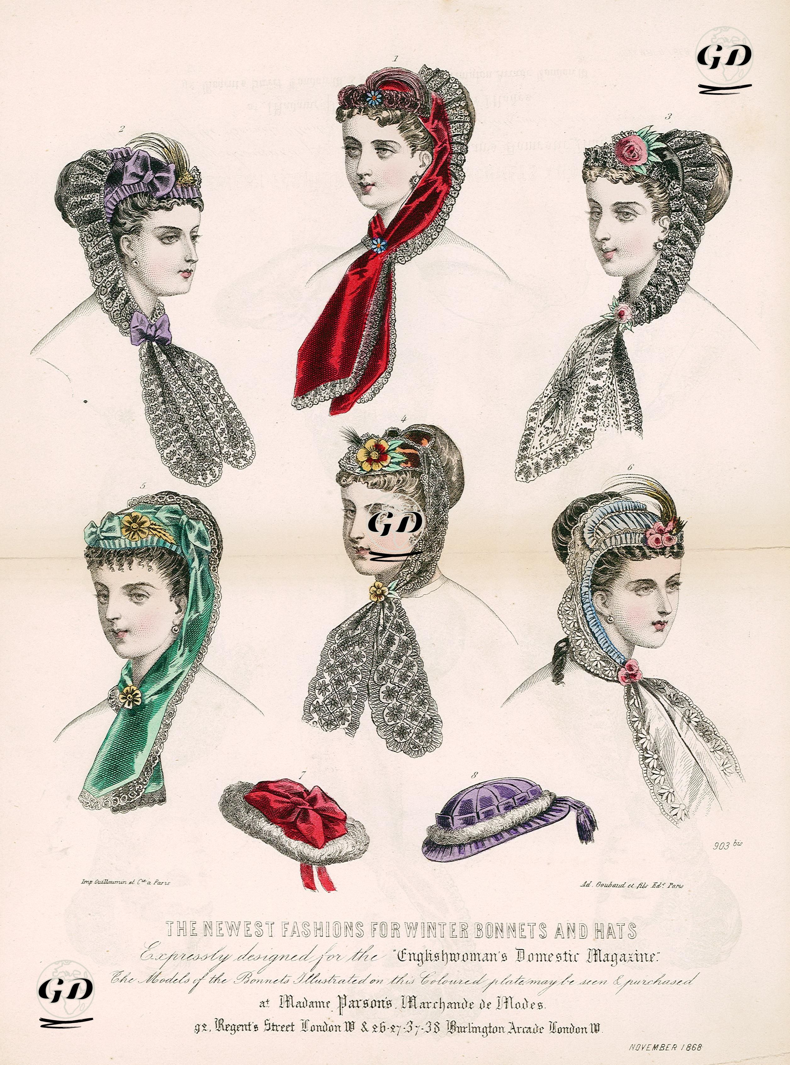 The Englishwoman's Domestic Magazine Dergisi İçin Tasarlanmış Kış Başlıkları Ve Şapkaları, No.903, Kasım 1868 -  - 1868