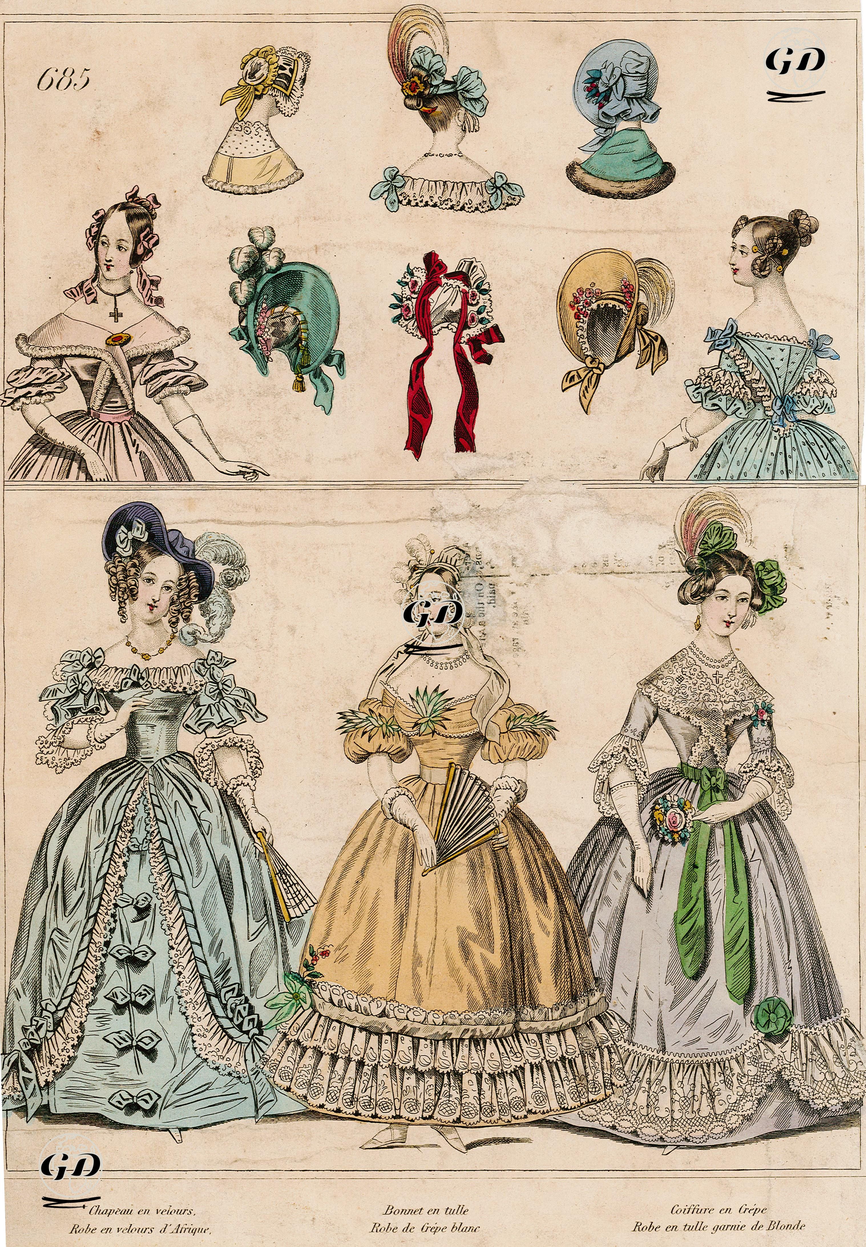 Chapeau En Velours, Robe En Velours d'Afrique- Bonnet En Tulle, Robe De Crepe Blanc-Coiffure En Crepe, Robe En Tulle Garnie de Blonde No.685 -  - 1830's