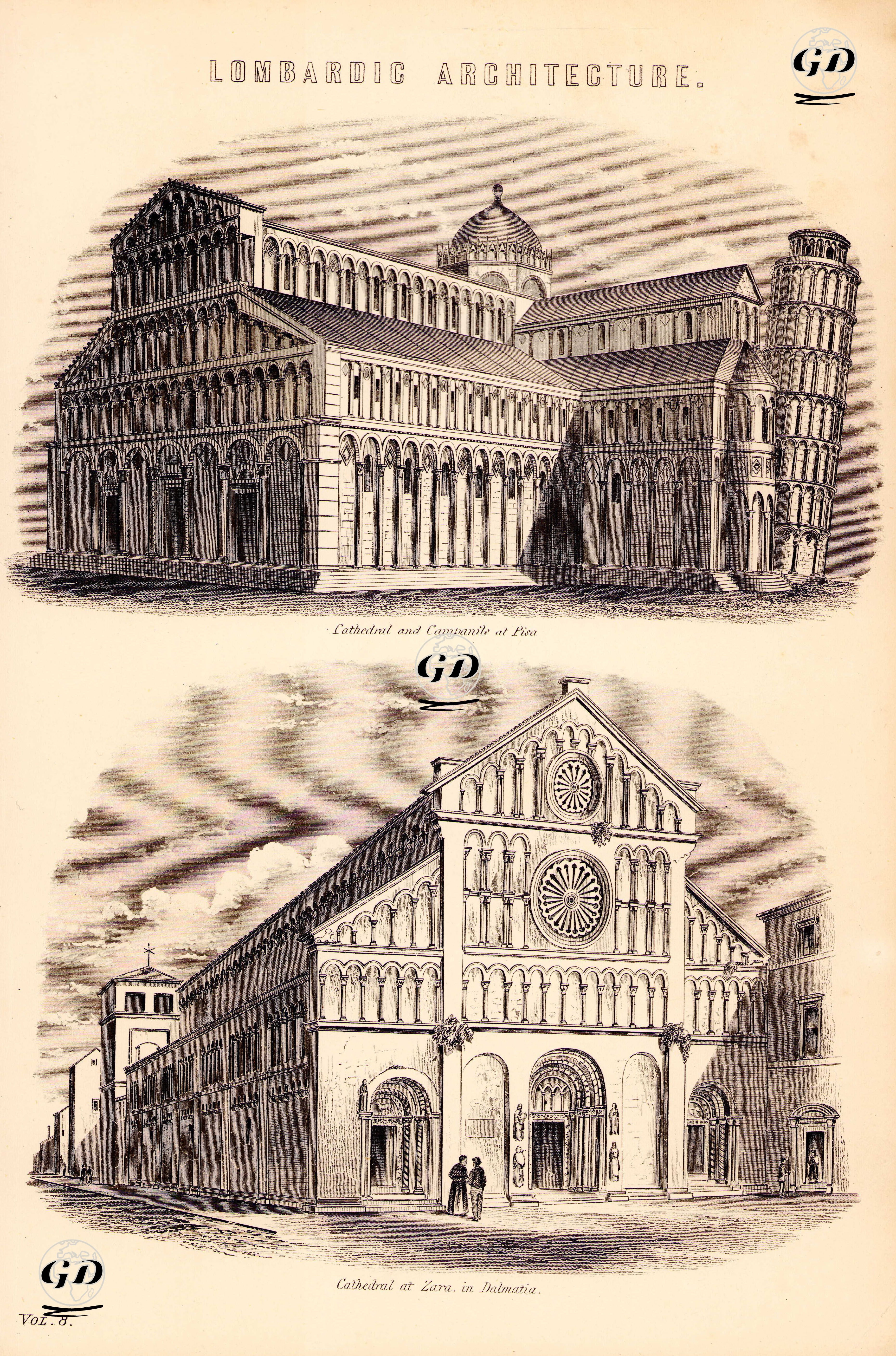 Lombardiya Mimarisi-Pisa'da Bulunan Katedral ve Eğri Pisa Kulesi-Hırvatistanın Dalmaçya Bölgesinin Zara Şehrindeki Katedral -  - 1883