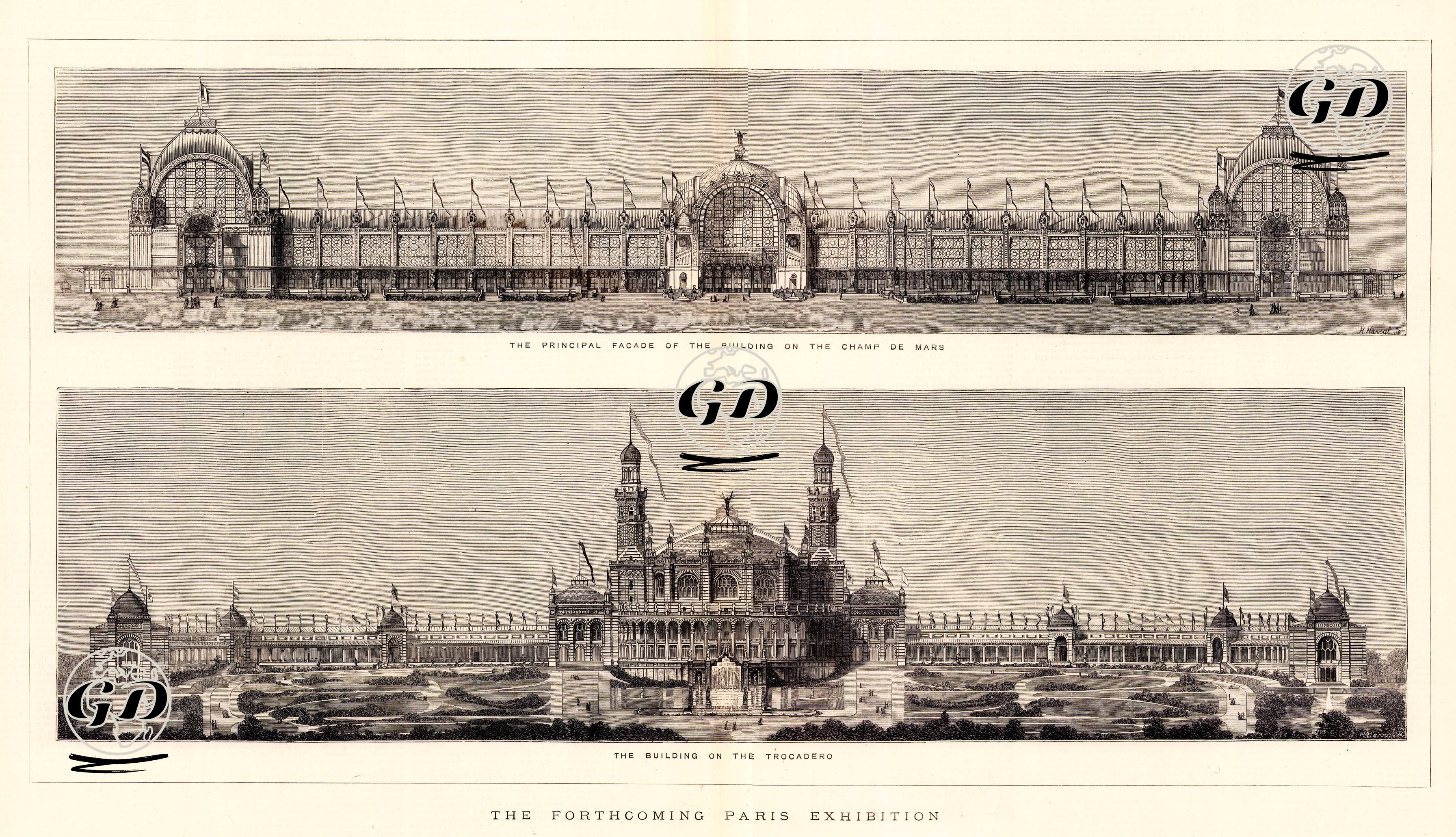 1878 Paris Fuarında Yer Alacak Champ de Mars'daki Binanın Ön Cephesi İle Trocadero'daki Bina -  - 1877