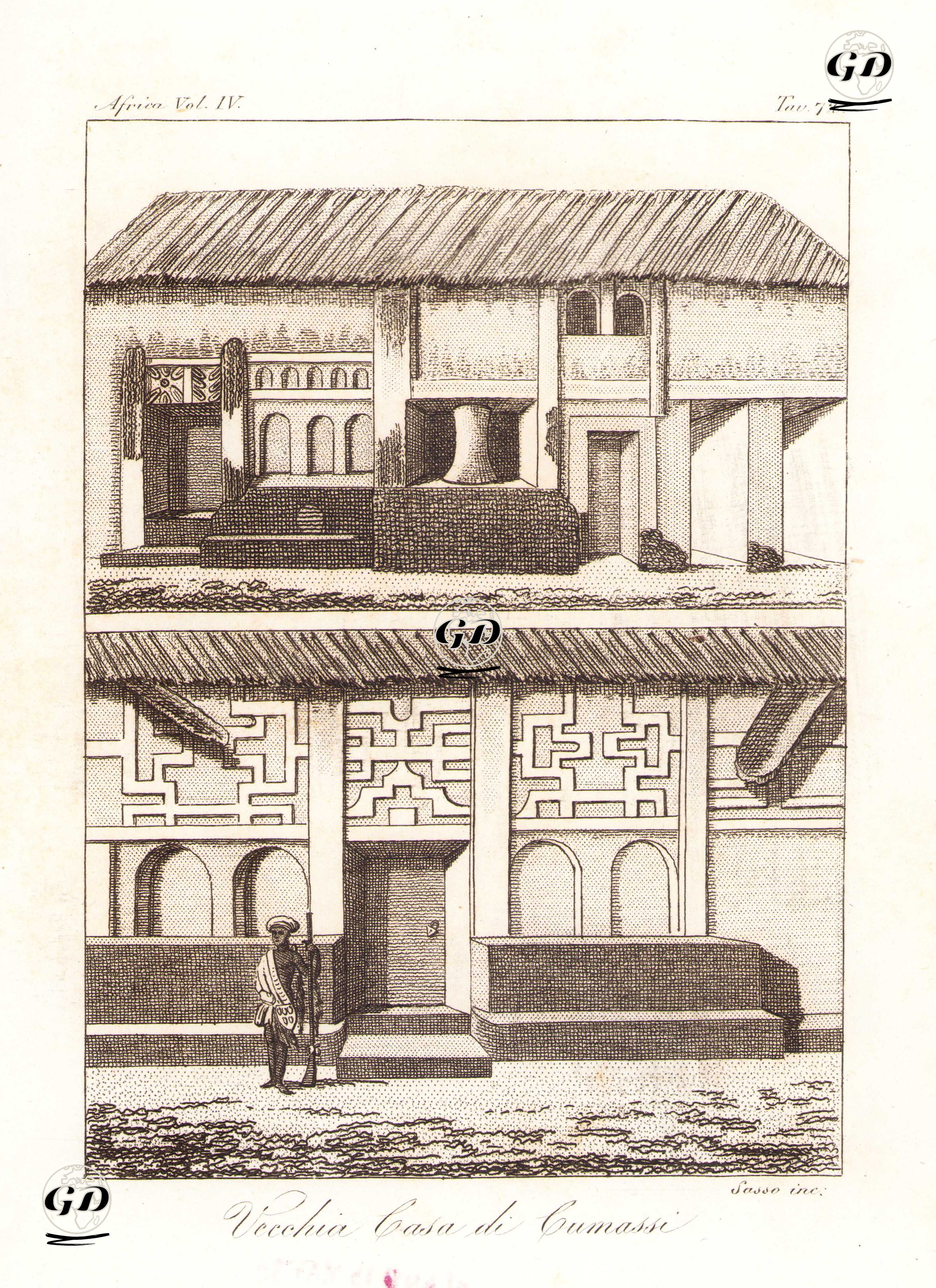 Vecchia Casa Di Cumassi, Africa Vol.IV. Tav.72. (House in Kumasi, Kingdom Of Ashanti (Ghana)) -  - 1820's-1840's