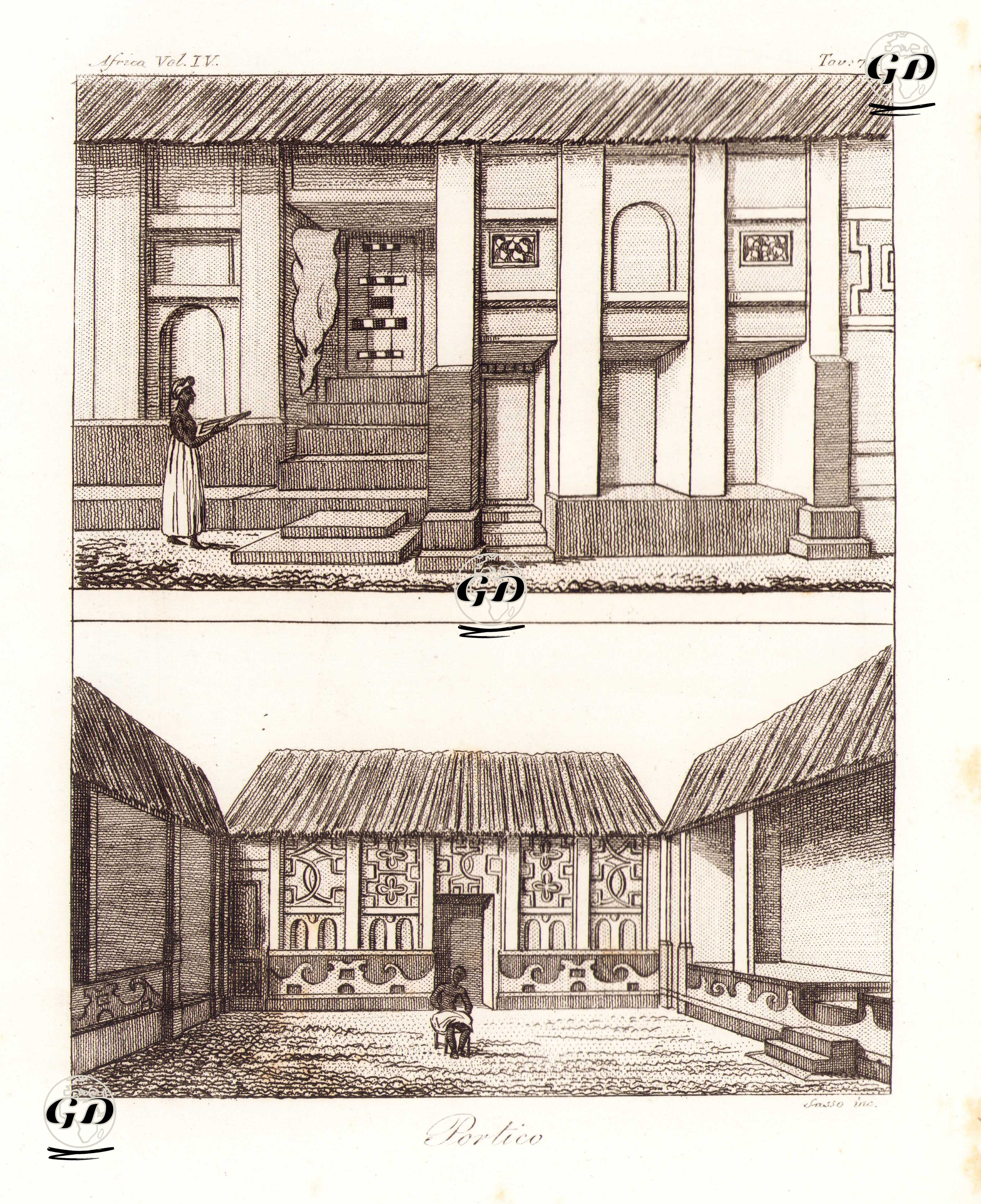 Ashanti Krallığı'nın (Gana) Kumasi Şehrinde Bir Evlerin Girişi, Revakları Ve Avlusu, Afrika Cilt IV. Resim 73. -  - 1820's-1840's