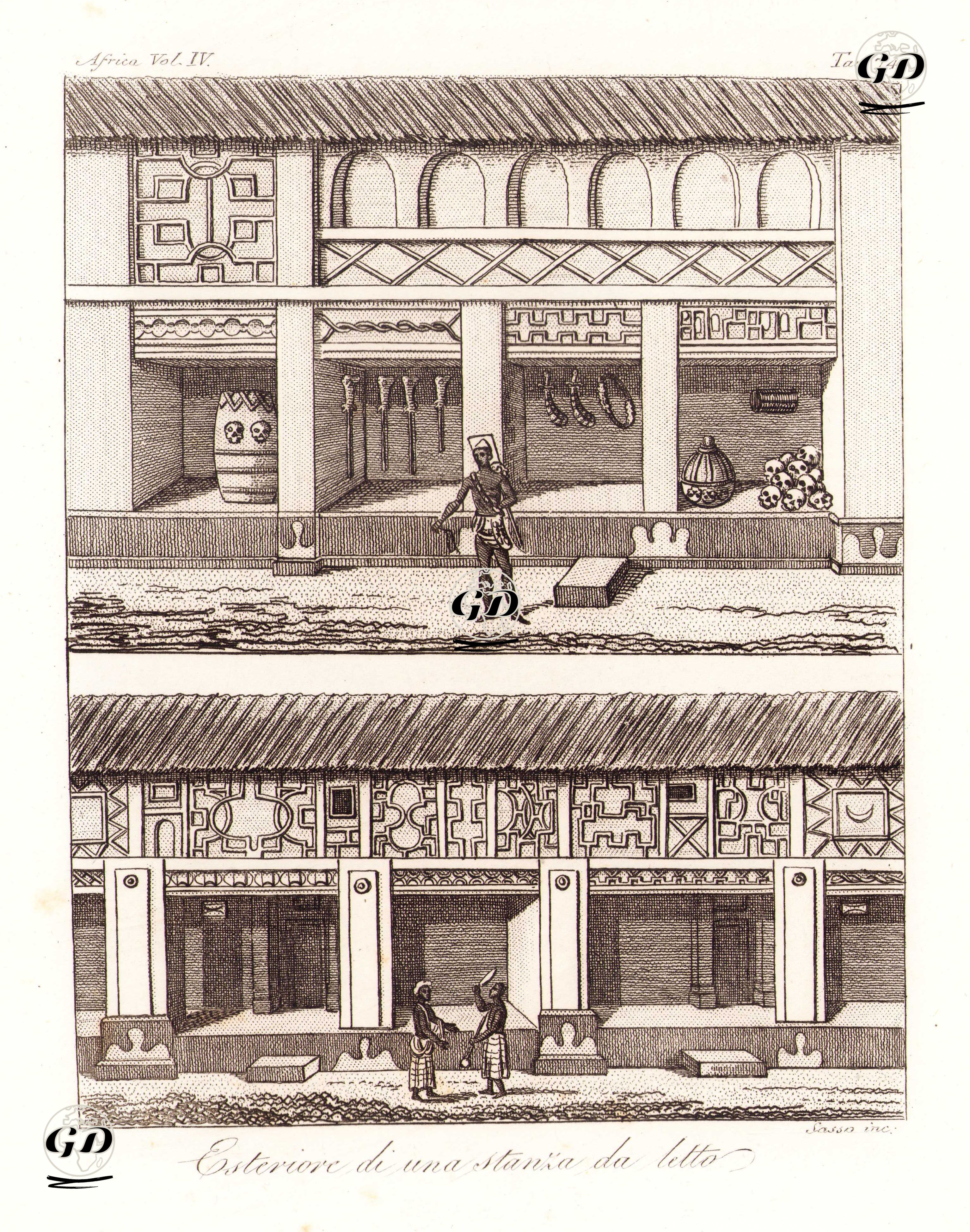 Esteriore Di Una Stanza Da Letto, Africa Vol.IV. Tav.74. (Exterior Of Bedrooms in Houses in Kumasi, Kingdom of Ashanti (Ghana)) -  - 1820's-1840's