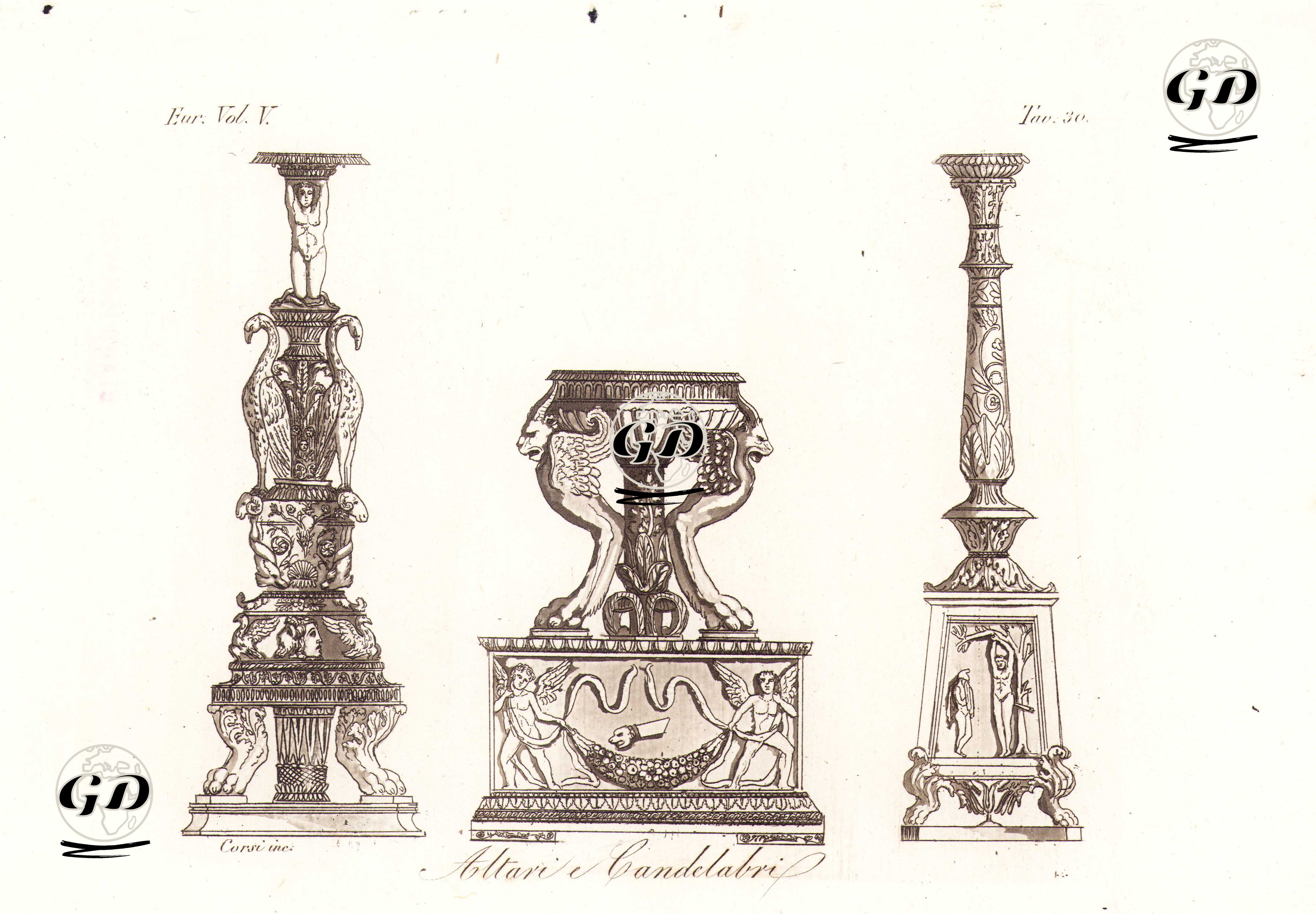 Altari E Candelabre, Eur. Vol V. Tav.30. (Roman Altar Candles) -  - 1820's-1840's
