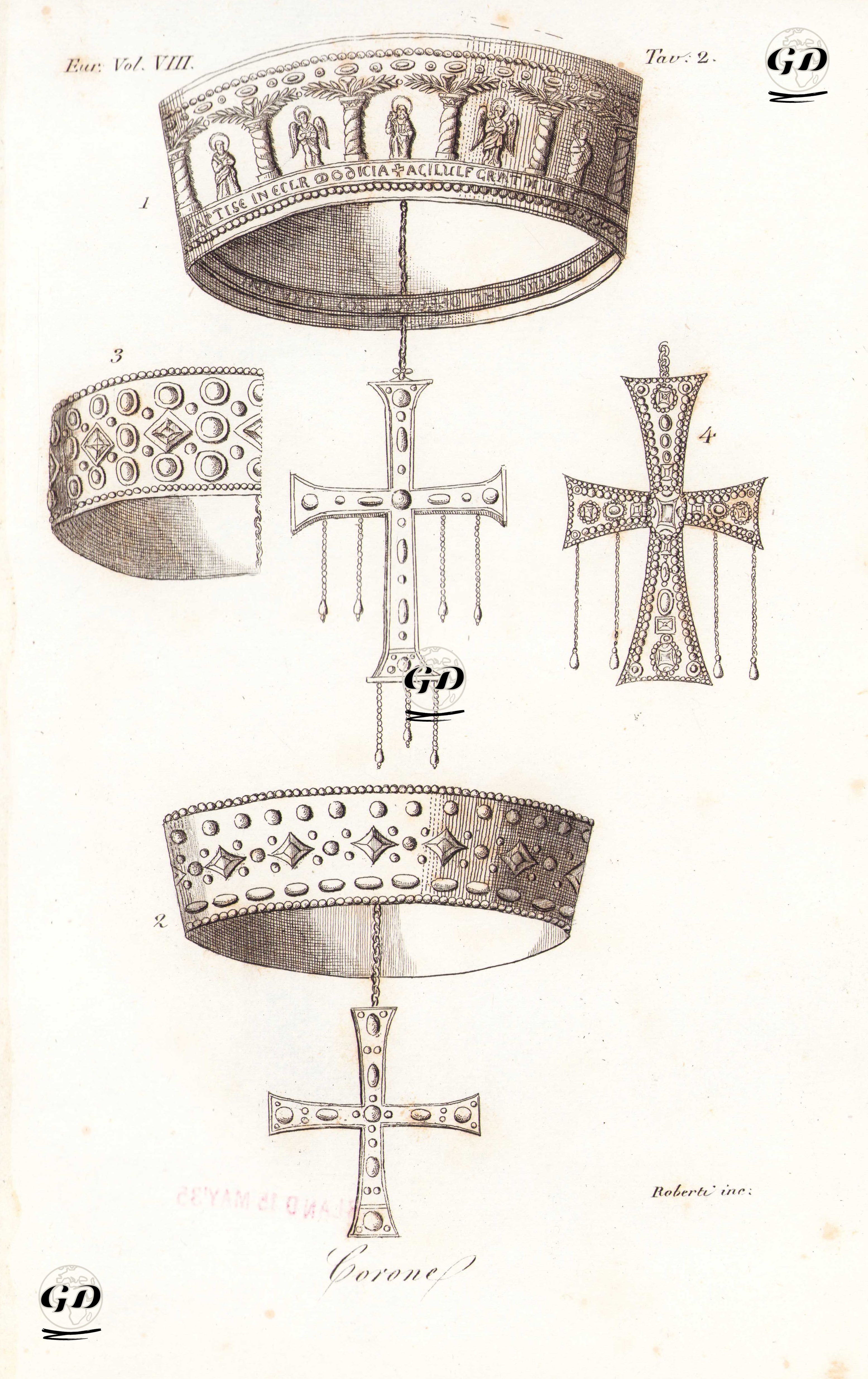 Corone, Eur. Vol VIII. Tav.2. (Medieval Gold Crowns And Jeweled Crosses From Monza Cathedral) -  - 1820's-1840's