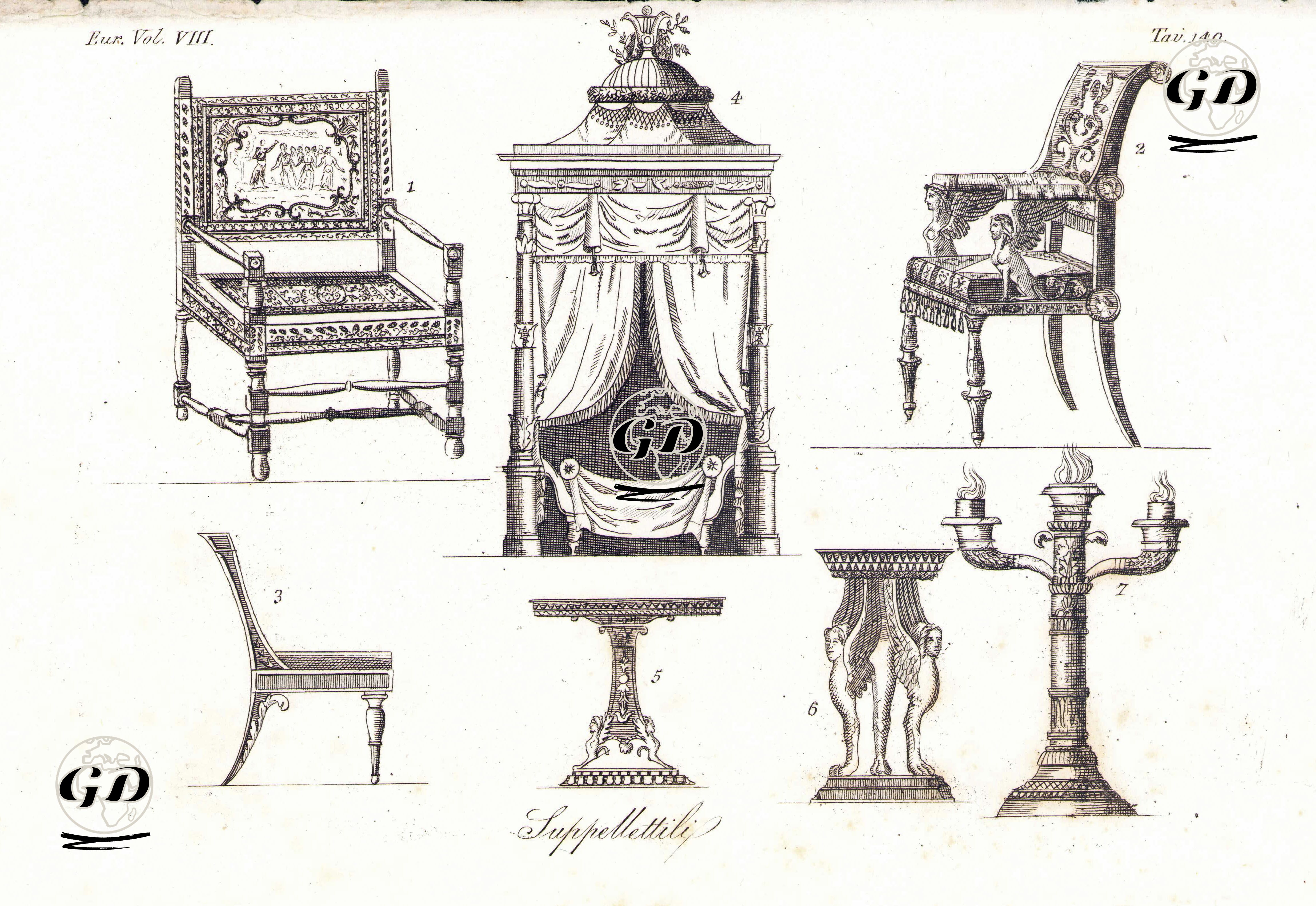 Suppellettili, Eur. Vol VIII. Tav.140. (Furnishings) -  - 1820's-1840's