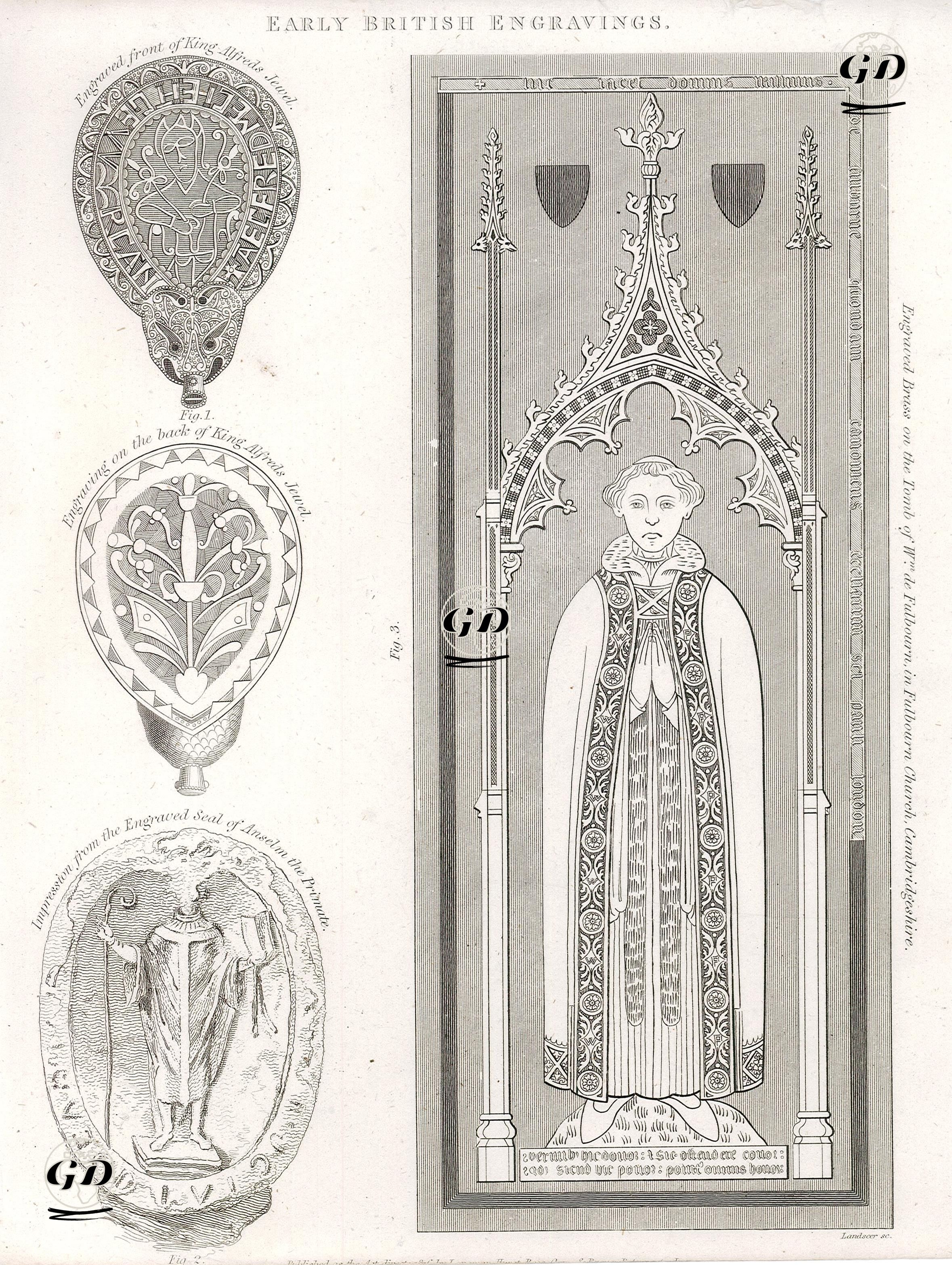 Early British Engravings-Fig.1.Engraved Front And Back Of King Alfreds Jewel, Fig.2.impression From The Engraved Seal Of Anselm
 The Primate Fig.3.Engraved Brass On The Tomb Of W. De Fulbourn in Fulbourn Church, Cambridgeshire -  - 1800's-1850's