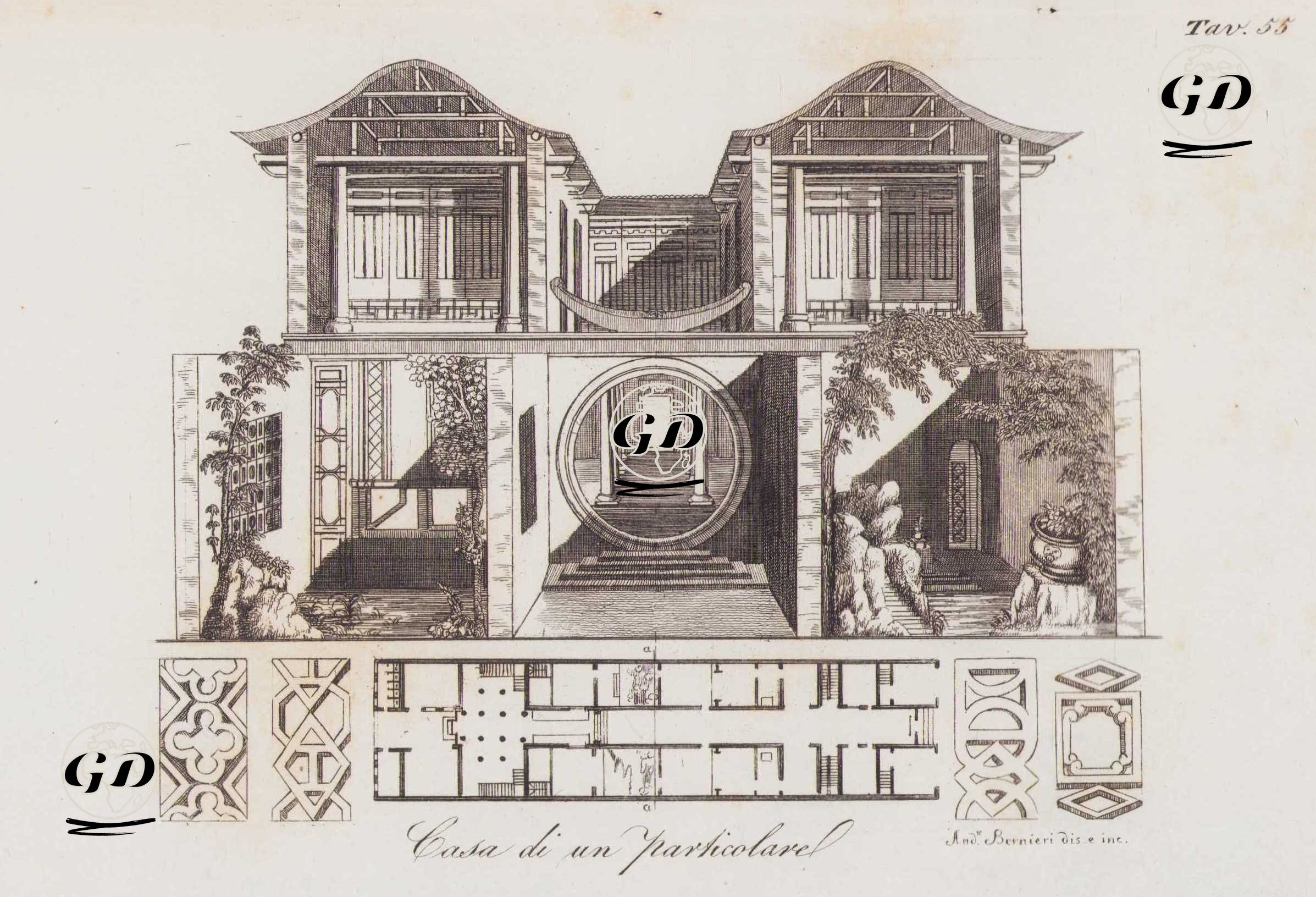 Casa Di Un Particolare, Tav.55 (Plans and Elevations Of A House in Canton (Guangzhou), With Kitchen, Bathroom, Servants' Quarters, Patio and Shop Facing the Street) -  - 1820's-1840's