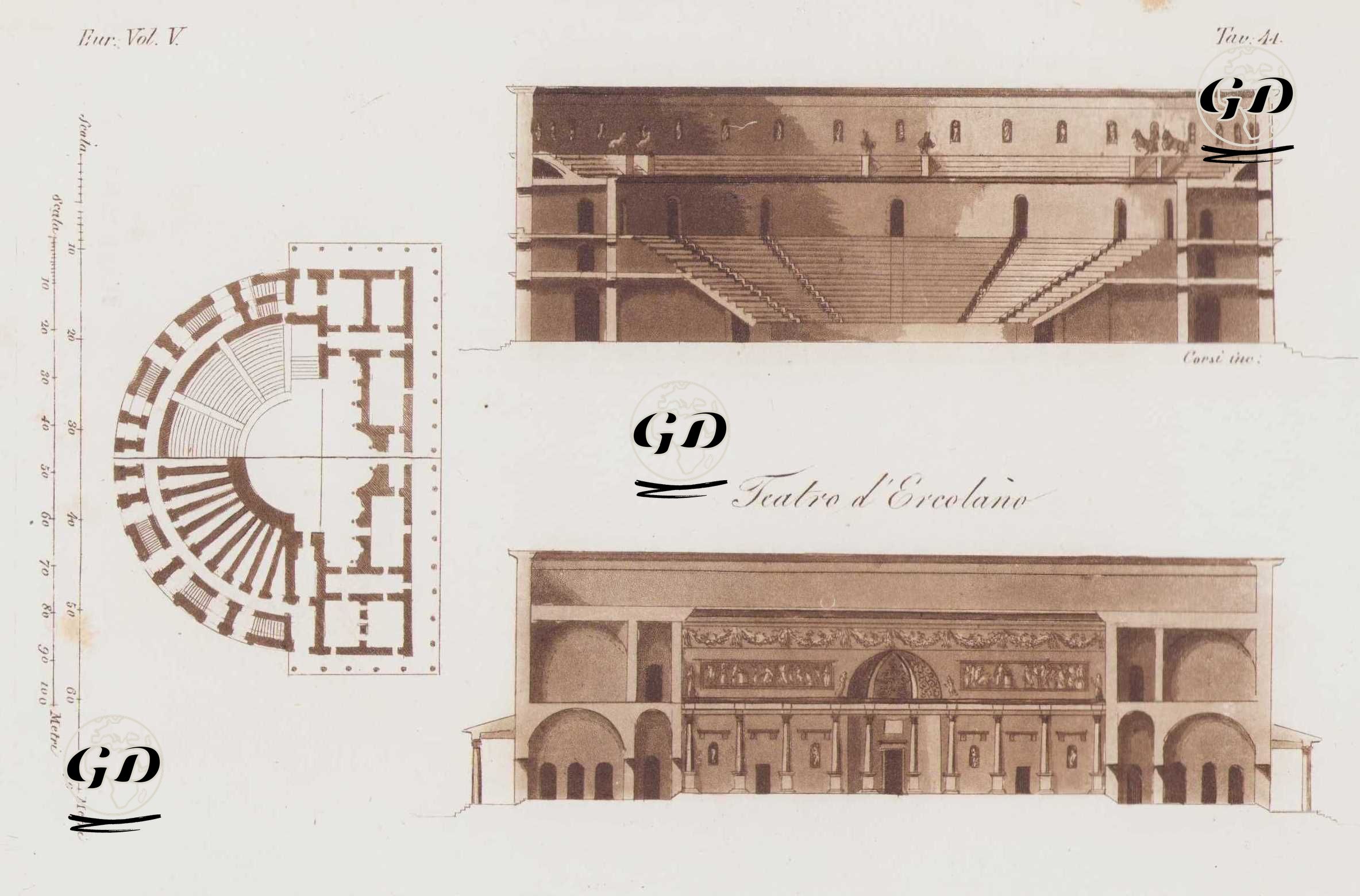Herculaneum Antik Tiyatrosunun Plan ve Kesitleri, Avrupa. Cilt V. Resim 44. -  - 1820's-1840's