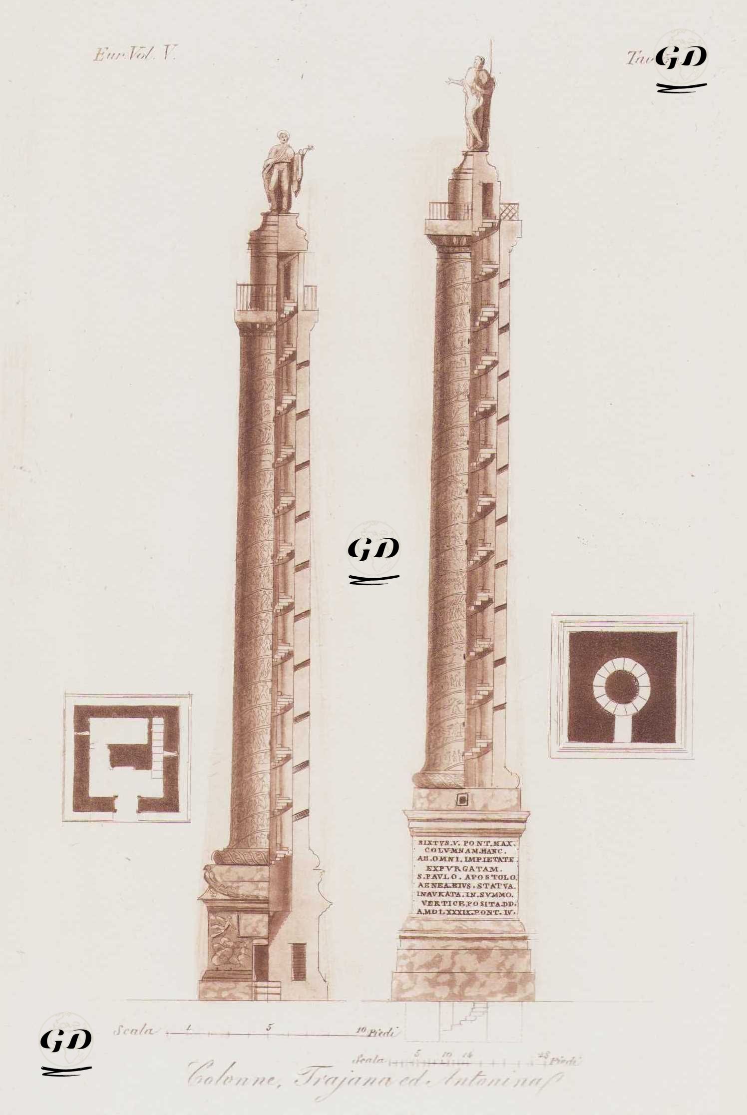Colonne, Trajana ed Antonina, Eur. Vol. V. Tav.50. (Plan and Elevation of Trajan’s Column and The Column of Marcus Aurelius (the Antonine Column), Rome) -  - 1820's-1840's