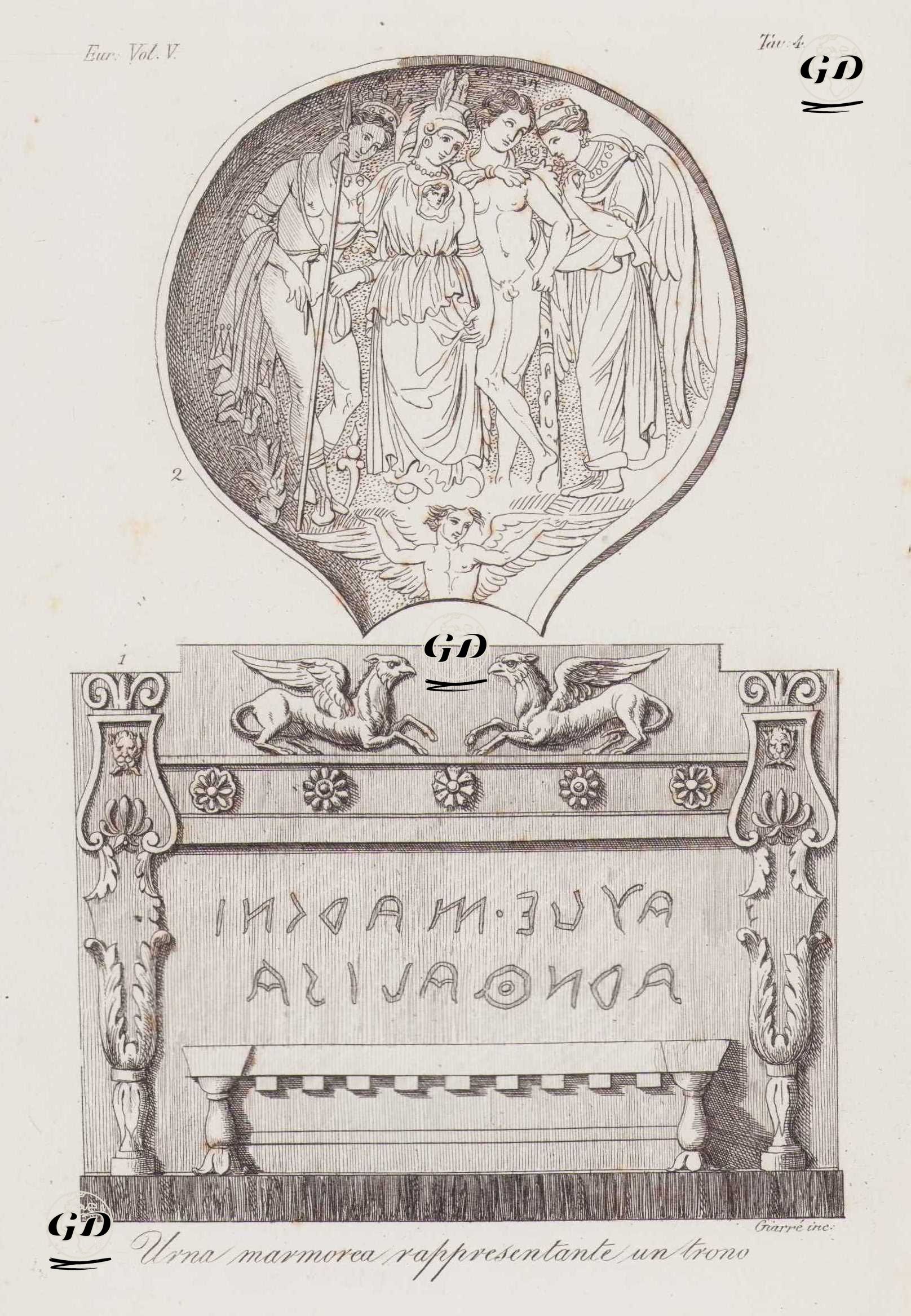 Urna Marmorea Rappresentante Un Trono, Eur. Vol. V. Tav.4. (Ancient Etruscan Marble Urn Showing a Royal Throne and Etruscan Mirror Representing Eris, Menrfa in Helmet, Hercules with Club and Lionskin and Thetis) -  - 1820's-1840's