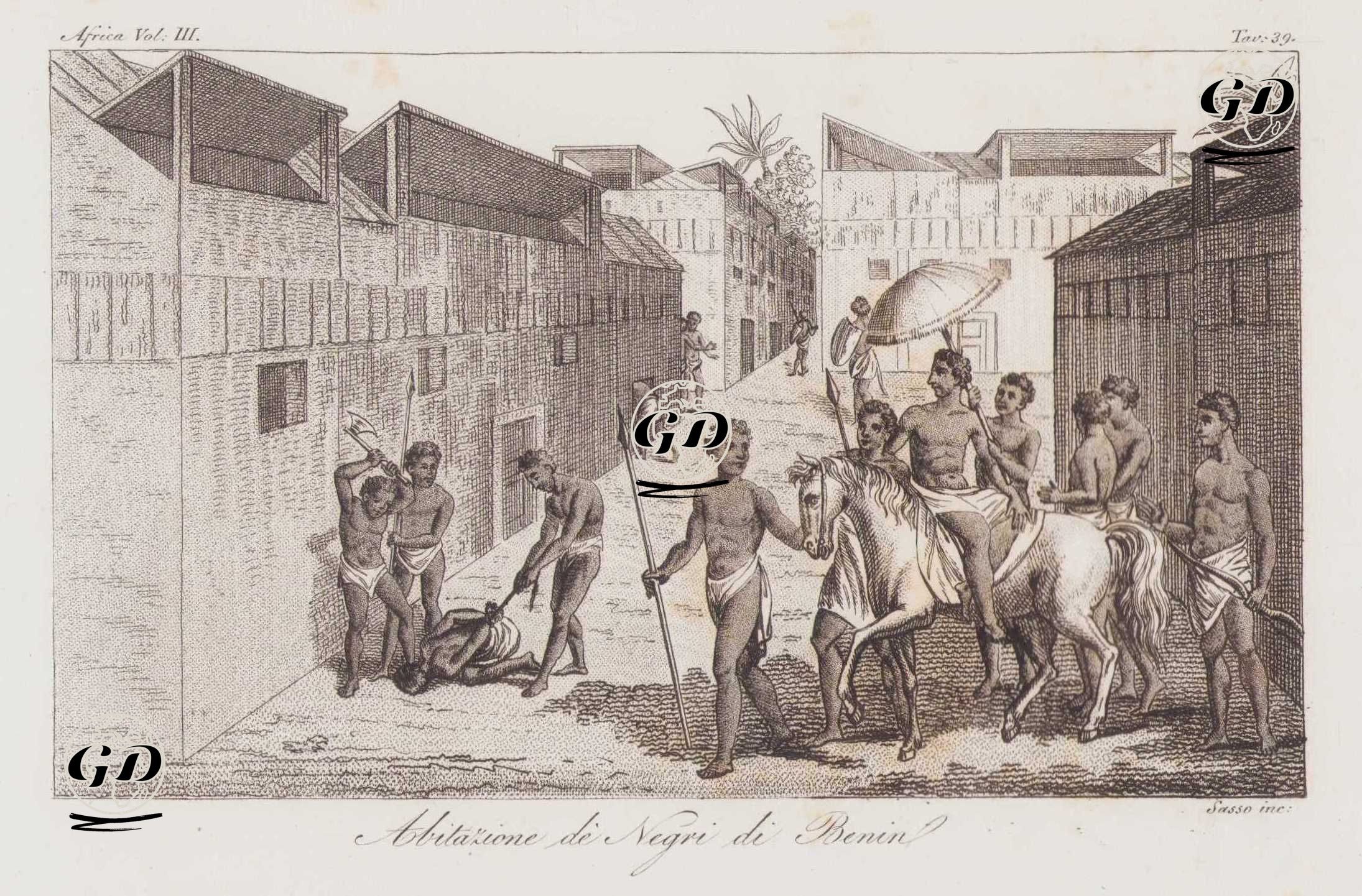 Abitazione de Negri di Benin, Africa Vol. III. Tav.39 (The Houses of The Natives of Benin and Their Social Life) -  - 1820's-1840's