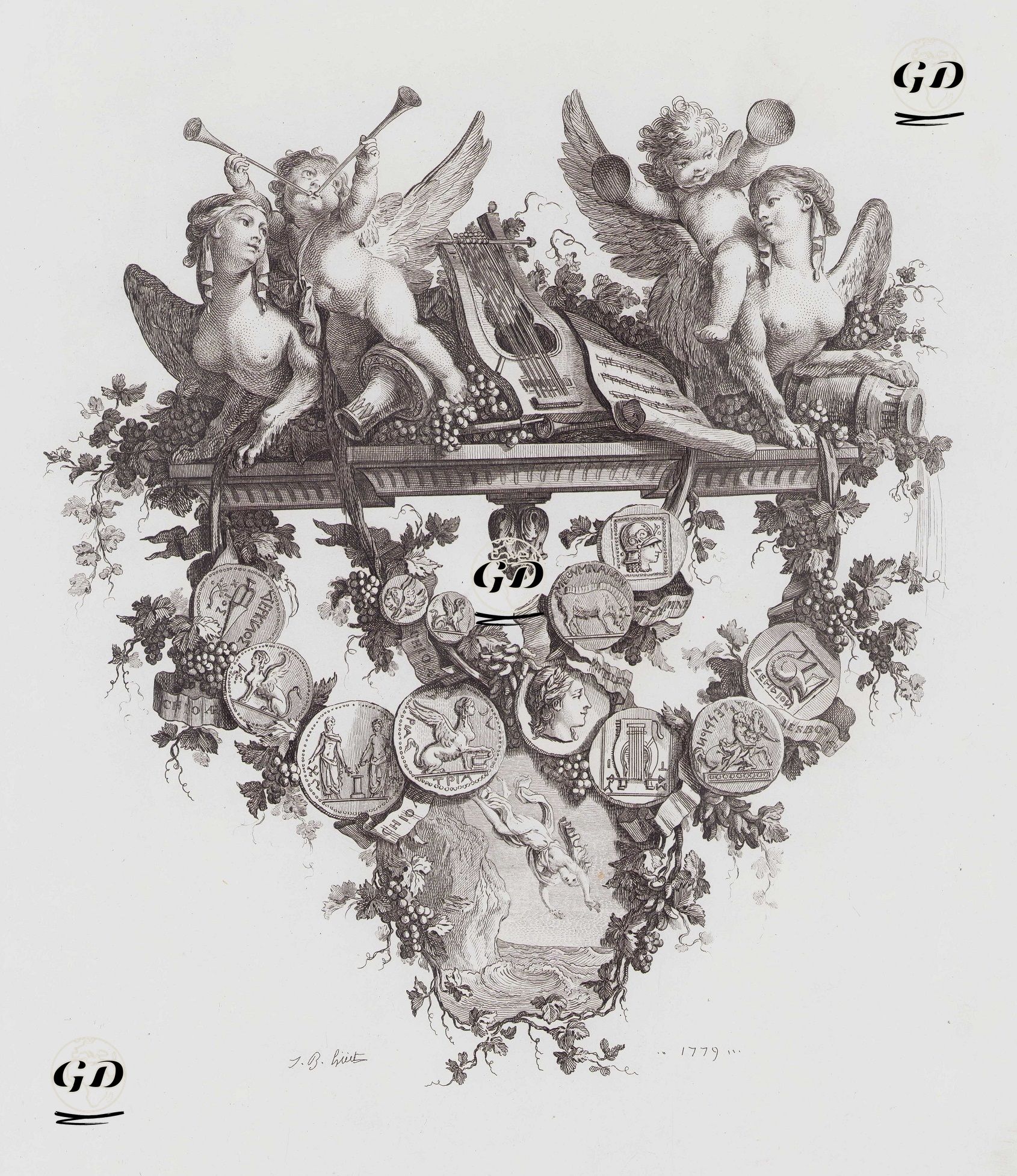 Sfenksler ve Putti ile Vinyet (Vignette) - Jean-Baptiste Huet (1745-1811) - 1779
