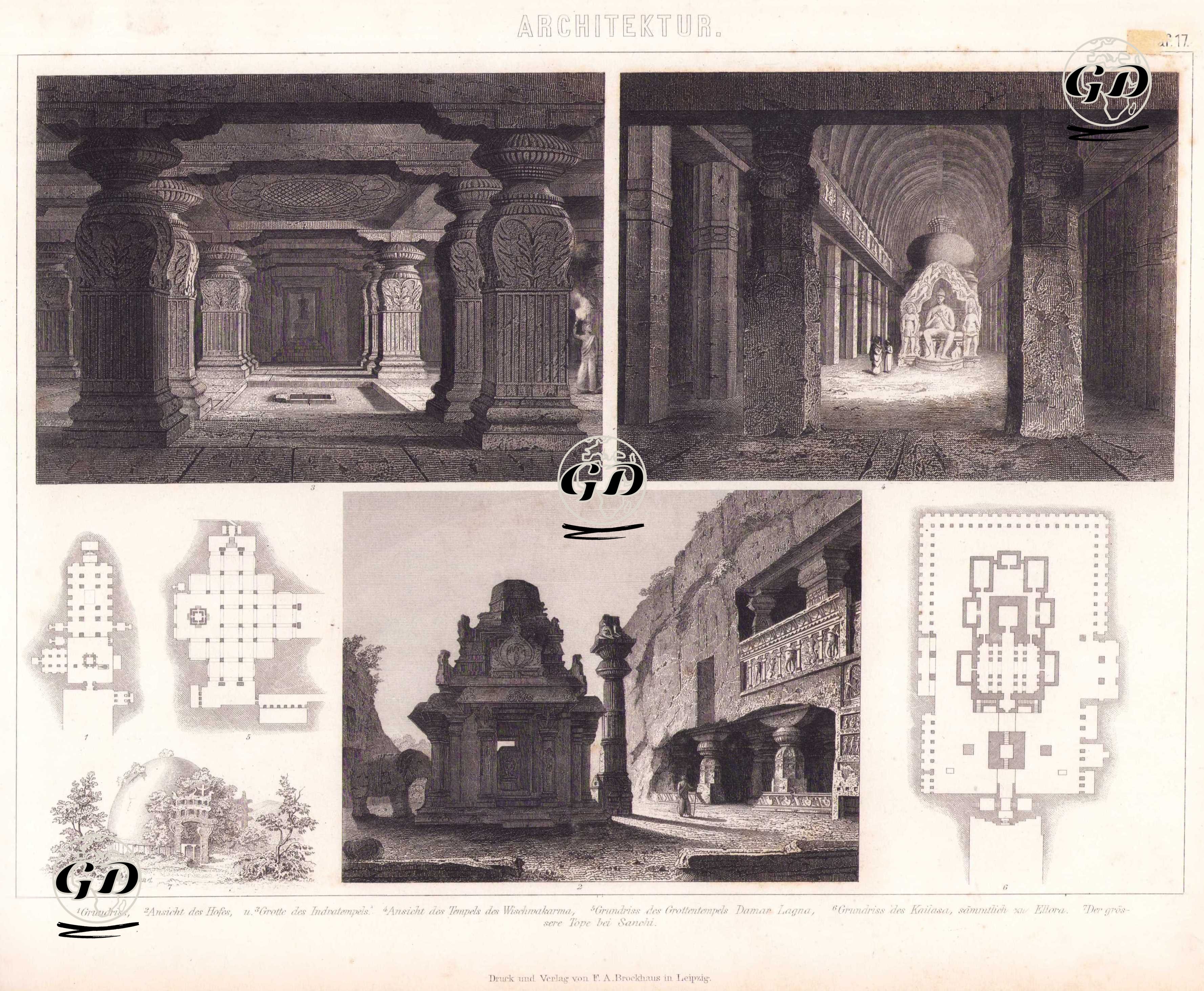 Architektur (Hinduische Tempel (India) - Indian Temples, Ellora Cave Complex)- 1.Grundriss (Ground Plan), 2.Ansicht des Hofes (View of the ourtyard), 3.Grotte des Indratempels (Cave of the Temple of Indra) 4.Ansicht des Tempels des Wischwakarma (View of the Temple of Vishvakarma)  5.Grundriss des Grottentempels Damar Lagna (Ground plan of the rock-cut temple Damar Lagna) 6.Grundriss des Kailasa Sammtlich zu Ellora (Ground plan of the Kailasa Temple, all located at Ellora) 7. Der grossere Tope bei Sanchi (The larger stupa (Tope) at Sanchi) -  - 1875