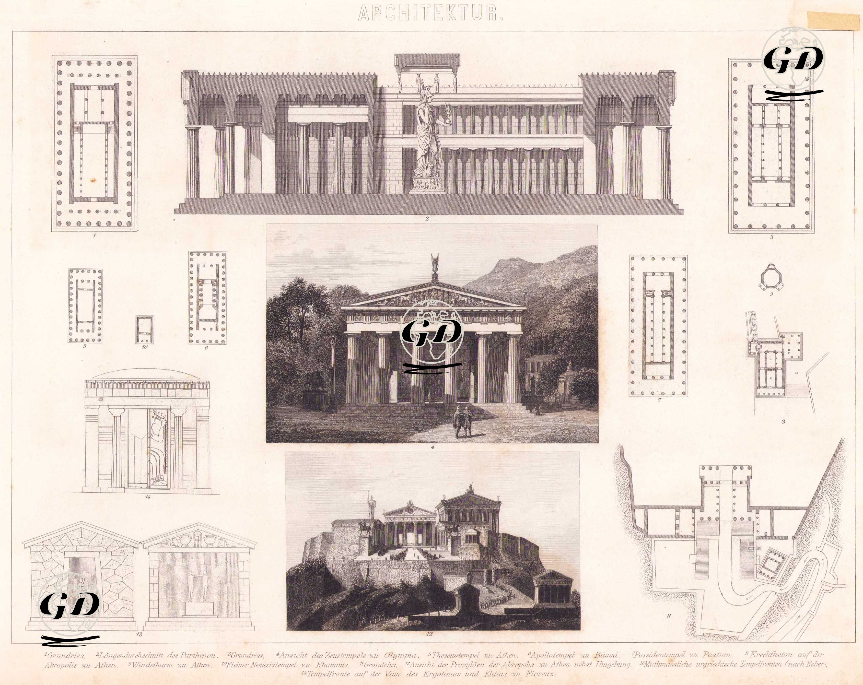 Mimari (Antik Yunan Tapınakları) - 1. 3. 11. Planlar 2. Parthenon’un Boyuna Kesiti 4. Olympia’daki Zeus Tapınağı’nın Görünümü 5. Atina’daki Theseus Tapınağı 6. Bassae’deki Apollon Tapınağı 7. Paestum’daki Poseidon Tapınağı 8. Atina Akropolü’ndeki Erechtheion 9. Atina’daki Rüzgar Kulesi (Tower of the Winds) 10. Rhamnus’taki Küçük Nemesis Tapınağı 12. Atina Akropolü ve Çevresinin Görünümü 13. Varsayımsal Erken Yunan Tapınak Cepheleri (Reber’e göre) 14. Floransa’daki Ergotimos ve Klitias Vazosu üzerindeki Tapınak Cephesi Tasviri -  - 1875
