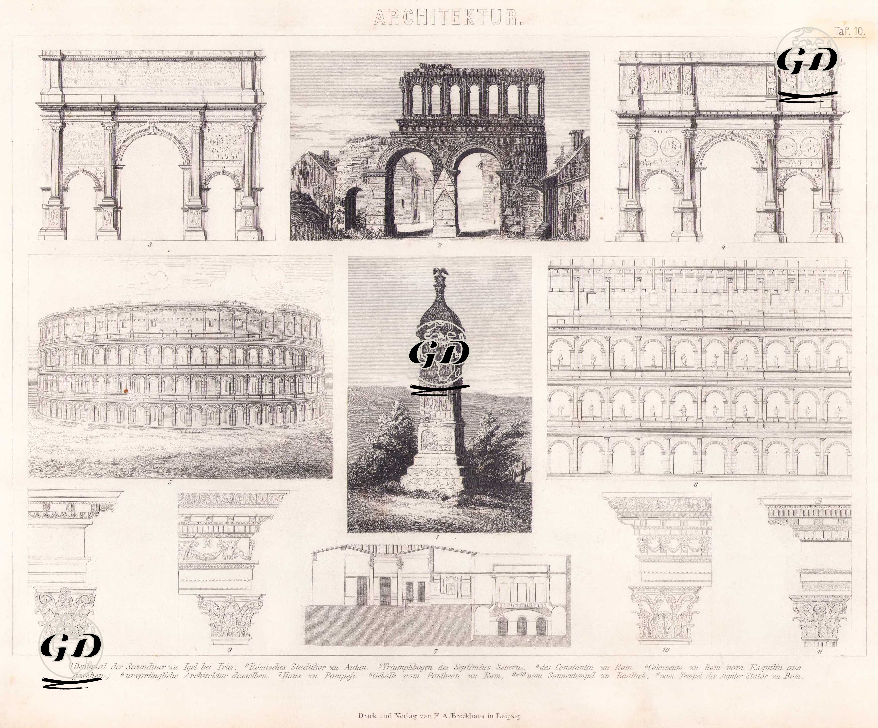 Mimari (Roma Imparatorlugu Yapıları - Roma) - 1. Trier yakınlarındaki Igel’de Bulunan Secundini Anıtı 2. Autun’daki Roma Şehir Kapısı 3. Septimius Severus’un Zafer Takı 
4. Roma’daki Konstantin Zafer Takı 5. Esquilin Tepesi’nden Görülen Roma Kolezyumu 6. Roma Kolezyumunun Özgün Mimarisi 7. Pompeii’deki Bir Ev 8. Roma’daki Pantheon’un 
Üst Yapı (entablatur) Detayı 9. 10. Baalbek’teki Güneş Tapınağı’ndan 11. Roma’daki Jupiter Stator Tapınağı’ndan -  - 1875