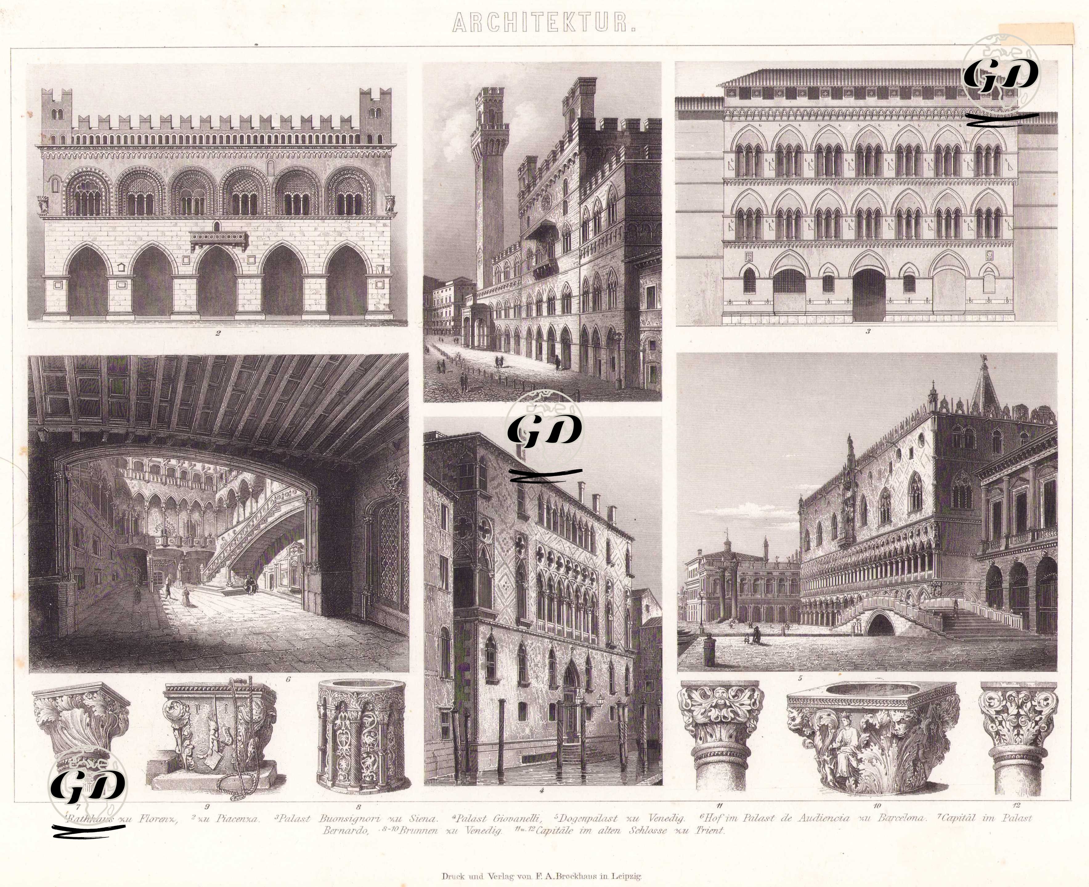 Mimari (İtalyan Sarayları ve Belediye Binaları) 1. Floransa Belediye Sarayı 2. Piacenza Belediye Binası 3. Siena’daki Buonsignori Sarayı 4. Giovanelli Sarayı 5. Venedik’teki Dükler Sarayı (Palazzo Ducale) 6. Barselona’daki Audiencia Sarayı’nın Avlusu 7. Bernardo Sarayı’ndan Sütun Başlığı 8.-10. Venedik’teki çeşmeler 11.-12. Trento’daki Eski Kaleden Sütun Başlıkları -  - 1875