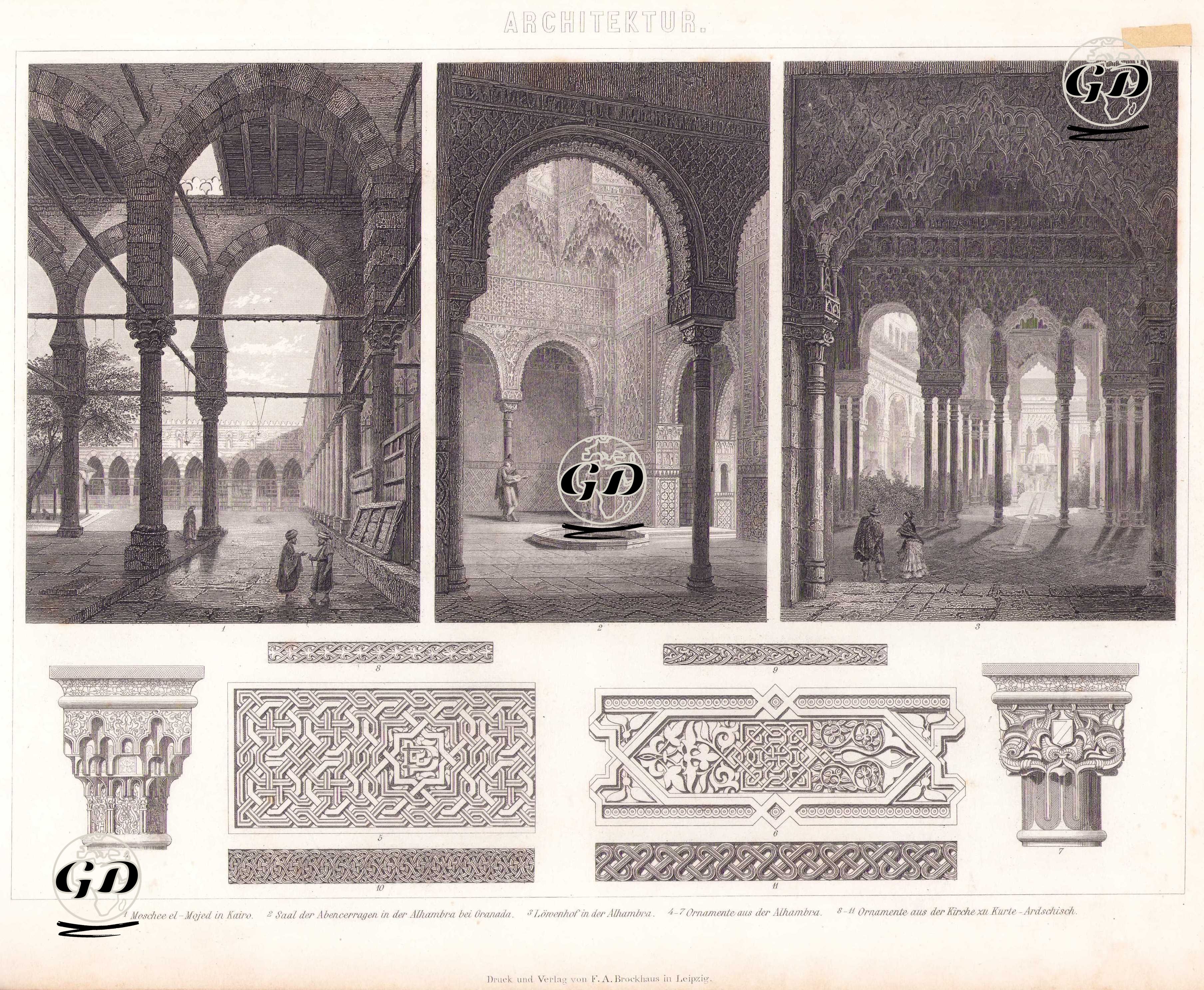 Mimarlık (Mağribi ve Arap Mimarisi) 1. Kahire’deki El-Müeyyed Camii 2. Granada’daki Elhamra Sarayı’nda Abencerrages (Abencerrajes) Salonu 3. Elhamra Sarayı’ndaki Aslanlı Avlu (Löwenhof) 4.-7. Elhamra Sarayı’ndan Süsleme Örnekleri 8. Kurte-Ardschisch’teki Kiliseden Bir Süsleme Detayı -  - 1875