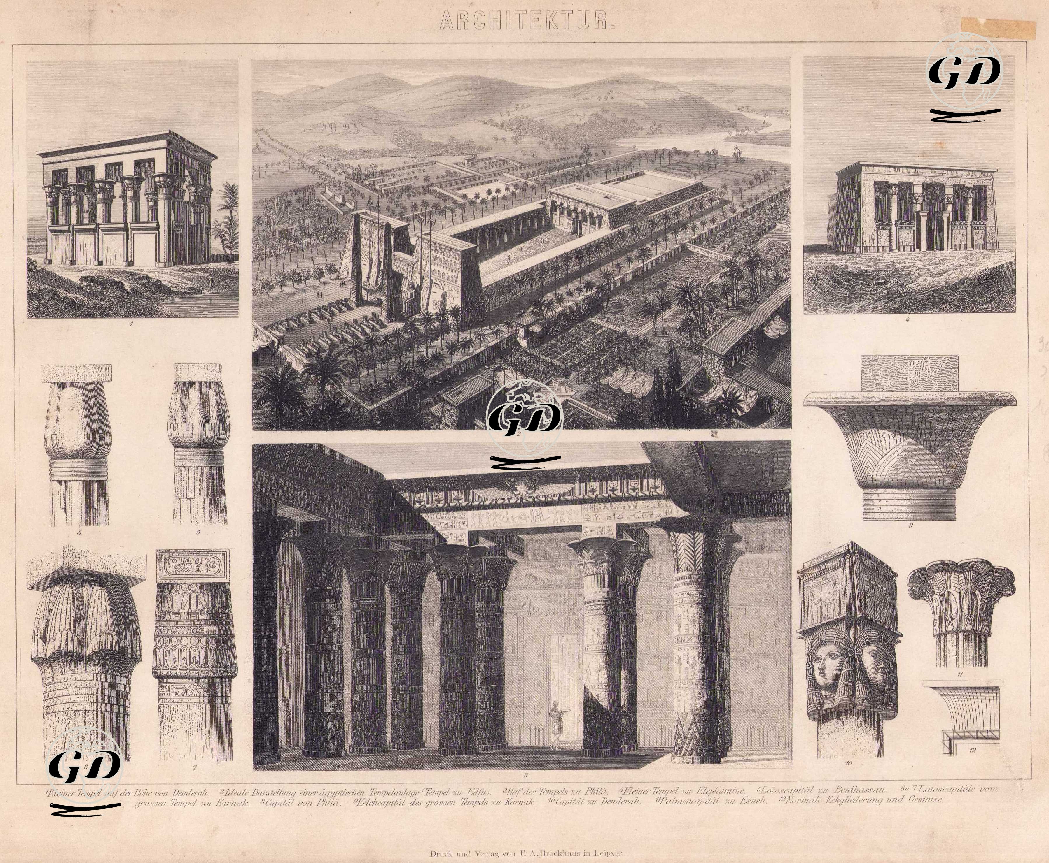 Architektur (Agyptische Tempel - Egyptian Temples) 1. Kleiner Tempel auf der Höhe von Denderah (Small Temple on the Hill of Dendera) 2. Ideale Darstellung einer agyptischen Tempelanlage (Tempel zu Edfu) (Ideal Representation of an Egyptian Temple Complex (Temple of Edfu))3. Hof des Tempel zu Phila (Court of the Temple of Philae) 4. Kleiner Tempel zu Elephantine (Small temple on the island of Elephantine) 5. Lotuskapital zu Benihassan (Lotus capital from Beni Hassan) 6.-7. Lotuskapitale vom Grossen Tempel zu Karnak (Lotus capitals from the Great Temple of Karnak) 8. Capital von Philae (Capital from Philae) 9. Kelchcapital Des Grossen Tempels zu karnak (Bell-shaped (calyx) capital from the Great Temple of Karnak) 10. Capital zu Denderah (Capital from Dendera) 11. Palmencapital zu Esneh (Palm-leaf capital from Esna) 12. Normale Eckgliederung und Gesimse (Typical corner arrangement and cornices) -  - 1875