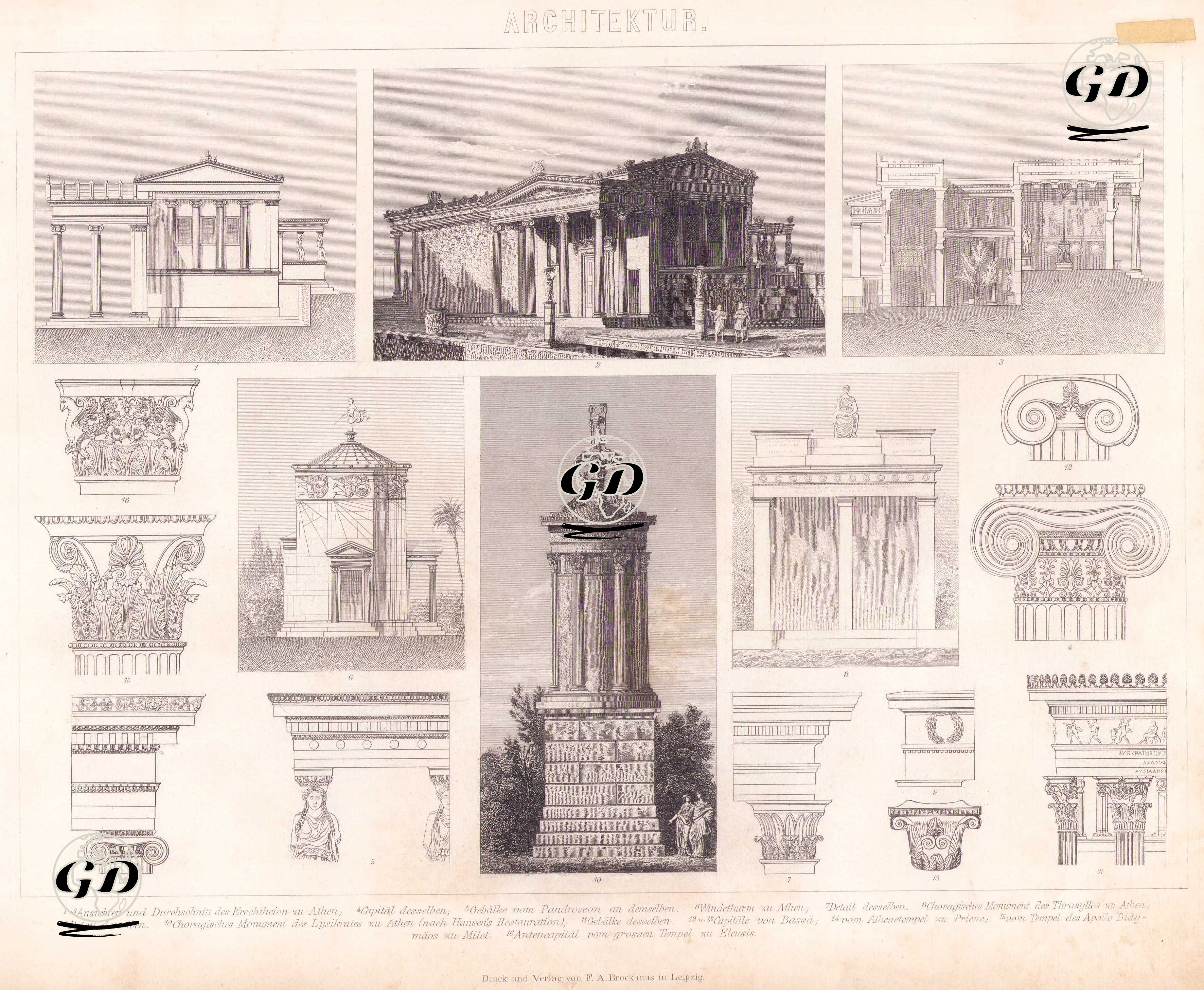 Mimarlık (Klasik Dönem Yunan Mimarisi) 1.-3. Atina’daki Erechtheion Tapınağı’nın Görünüşleri ve Kesiti 4. Aynı Yapıya Ait Sütun Başlığı 5. Aynı Kompleks İçinde Yer Alan Pandroseion Tapınağı’ndan Alınmış Saçaklık (entablatur) Detayı  6. Atina`daki Rüzgar Kulesi 7. Aynı Yapıya ait Ayrıntı 8. Atina’daki Thrasylos’a Adanmış Korajik (Müzikal Anıt) Anıt 9. Aynı Yapıya Ait Detay 10. Atina’daki Lysikrates Korajik Anıtı (Hansen’in Restorasyonuna Göre) 11. Aynı Yapıya Ait Kirişler  12–13. Bassae Tapınağı’na ait Sütun Başlıkları. 14. Priene’deki Athena Tapınağı’ndan Detay. 15. Milet’teki Didyma Apollon Tapınağı’ndan Detay 16. Eleusis’teki Büyük Tapınağa Ait Anta Başlığı (Duvar Kenarı Sütun Başlığı) -  - 1875