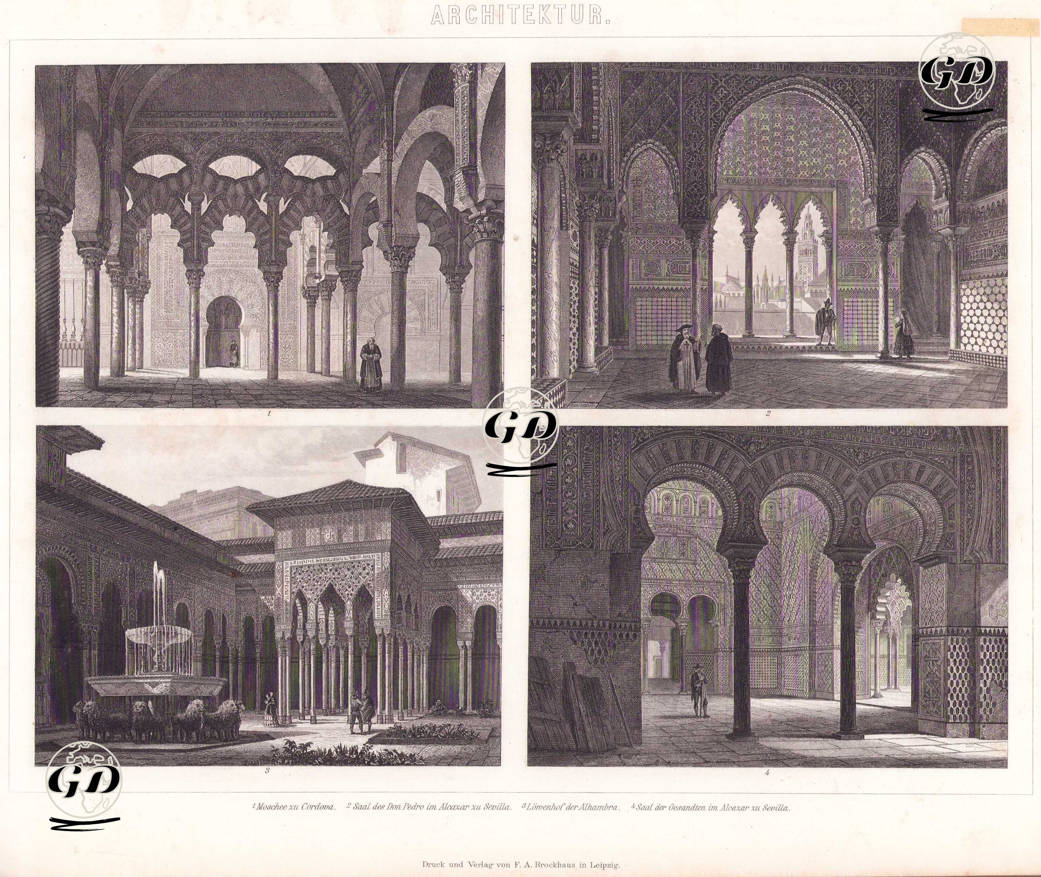 Mimarlık (İspanya’da-Endülüs’te Mağribi Mimarisi) 1. Kurtuba (Cordova) Camii 2. Sevilla’daki Alcazar Sarayı’nda Don Pedro Salonu 3. Granada’daki Elhamra Sarayı’nda Aslanlı Avlu 4. Sevilla’daki Alcazar Sarayı’nda Elçiler Salonu -  - 1875